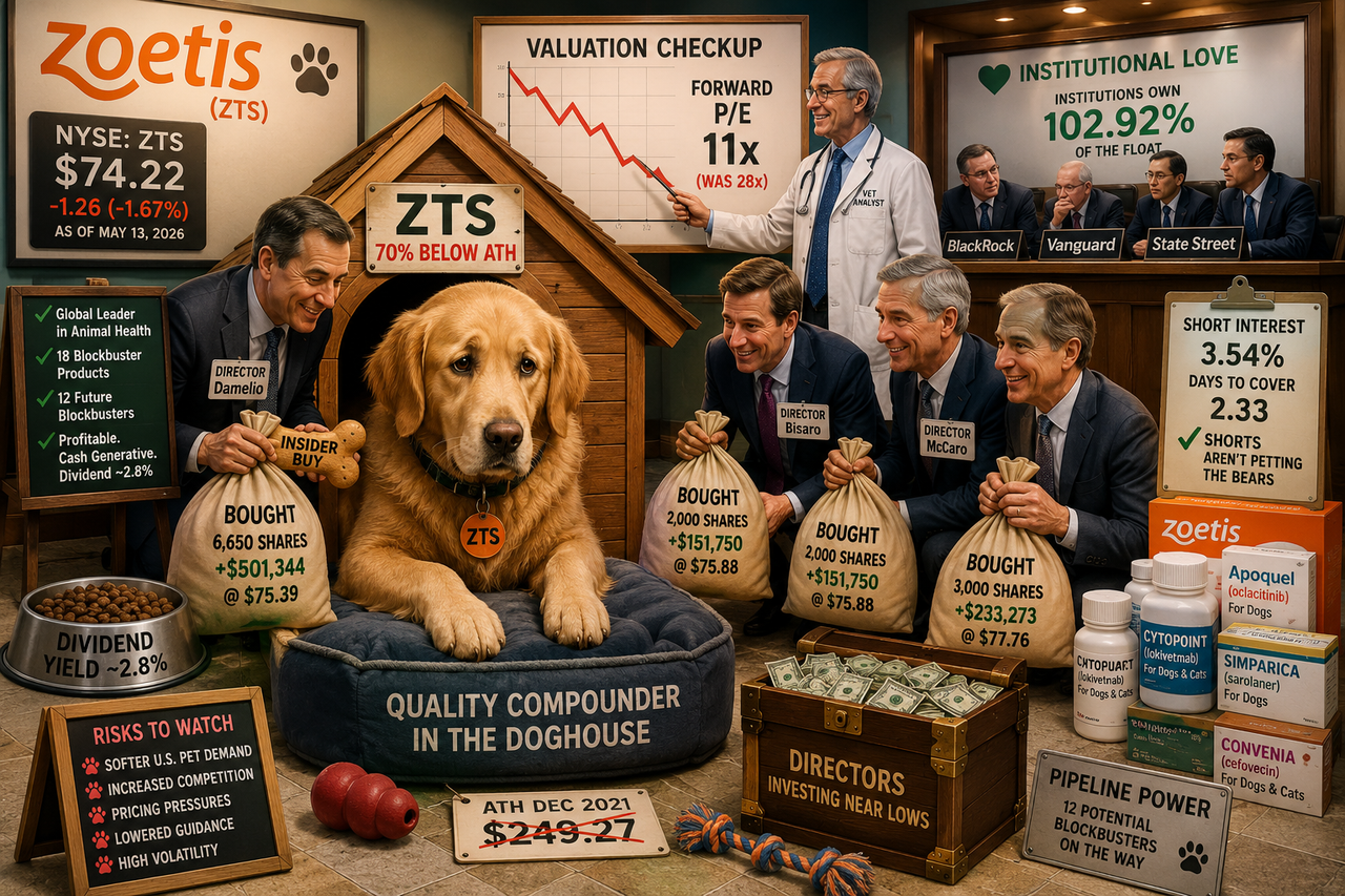 Illustration of Zoetis as a premium veterinary titan sitting in a doghouse, with suited directors buying shares, institutional investors watching, pet-health products on shelves, and a chart showing 11x forward P/E after a major stock decline.