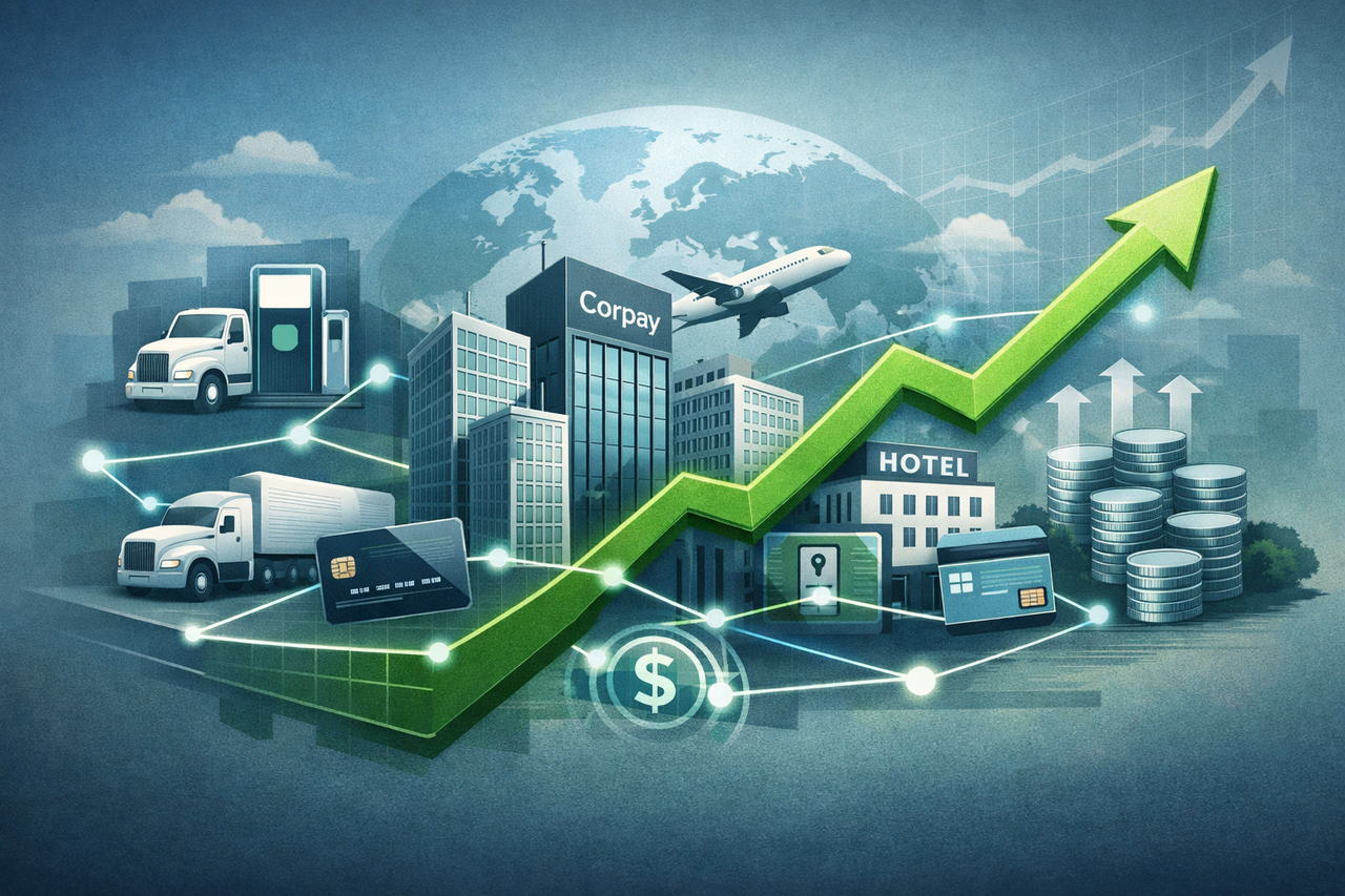Illustration of Corpay’s global business payments network connecting fleets, corporate offices, and lodging systems, symbolizing steady growth and institutional investment.