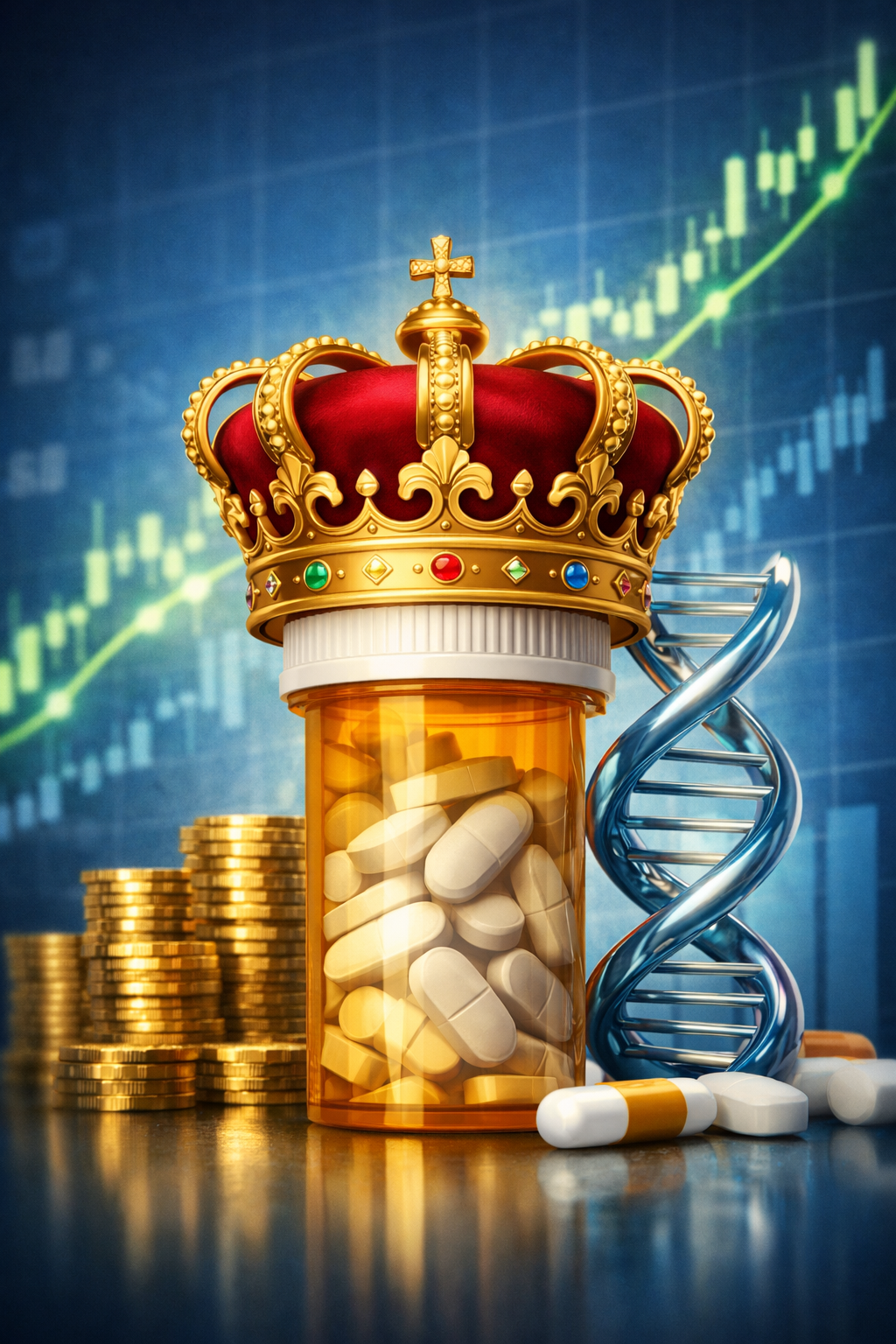 Royalty Pharma stock concept showing a crown over medical symbols, representing hedge fund confidence, biotech royalties, and steady cash flow investing.
