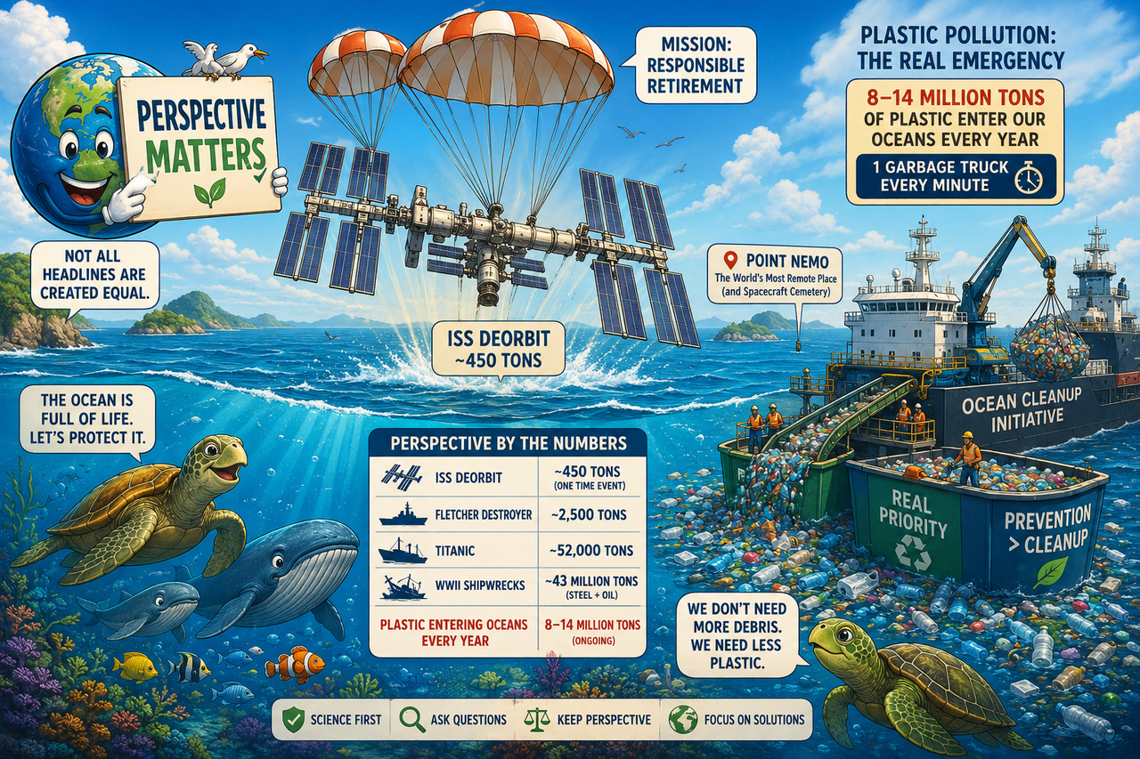 Illustration of the International Space Station descending safely toward Point Nemo while ships remove floating plastic from the ocean. Smiling marine animals watch as Earth holds a sign reading 