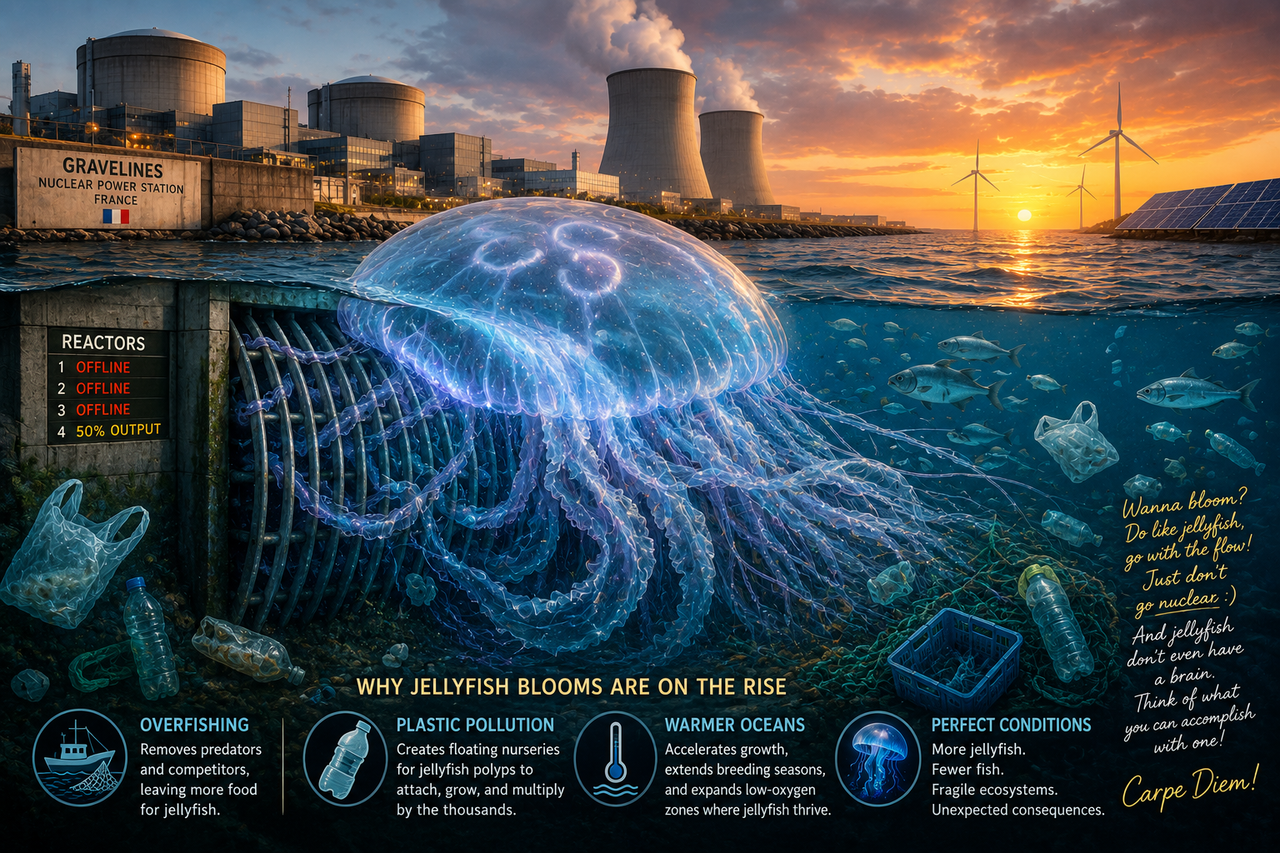 Editorial illustration of a giant translucent jellyfish drifting around the cooling-water intake of a modern coastal nuclear power plant at sunset, while plastic debris floats nearby and schools of fish swim beneath the surface.
