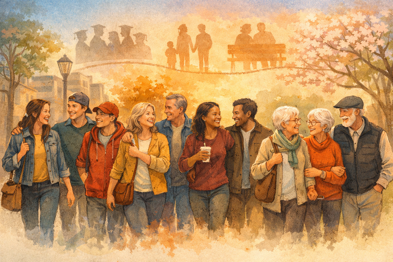 Illustration of friends of different ages walking and talking together, showing how long-term friendships grow over time and support a longer, happier life.