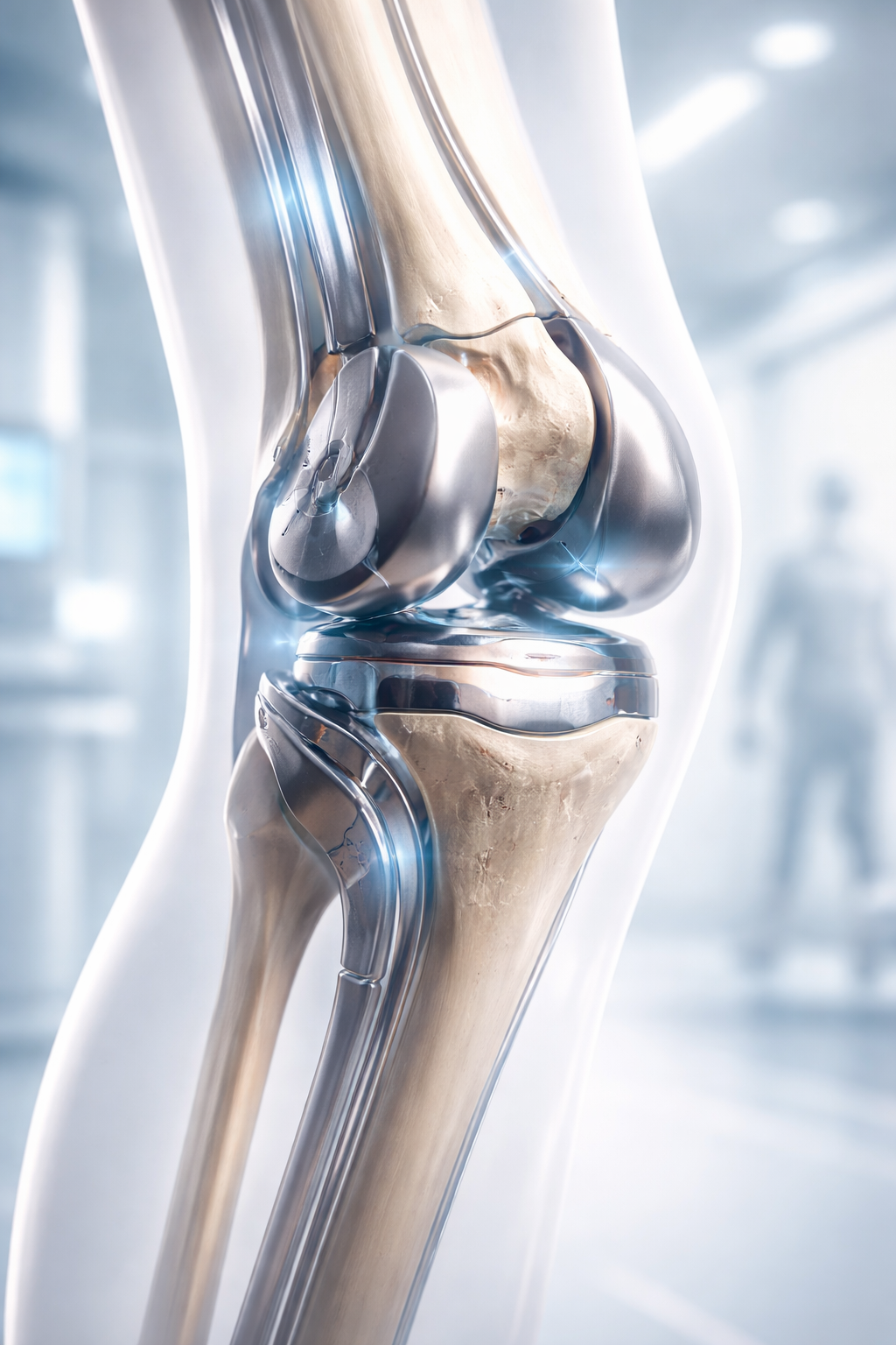 A futuristic illustration of a human knee joint partially replaced with sleek metallic components, glowing subtly, symbolizing advanced medical technology and a “bionic” upgrade, set against a clean modern medical background.