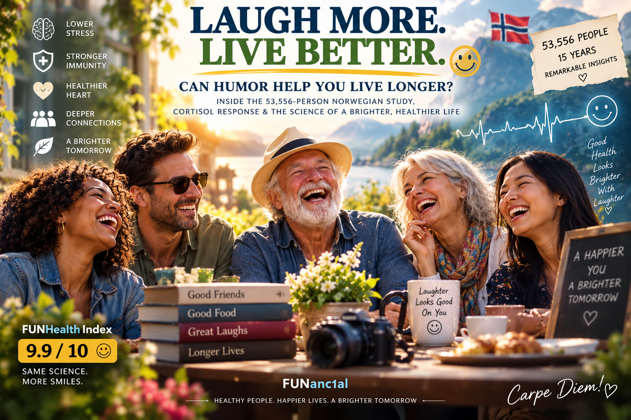 Adults laughing together illustrate laughter and longevity research linking cognitive humor with lower mortality and reduced stress.