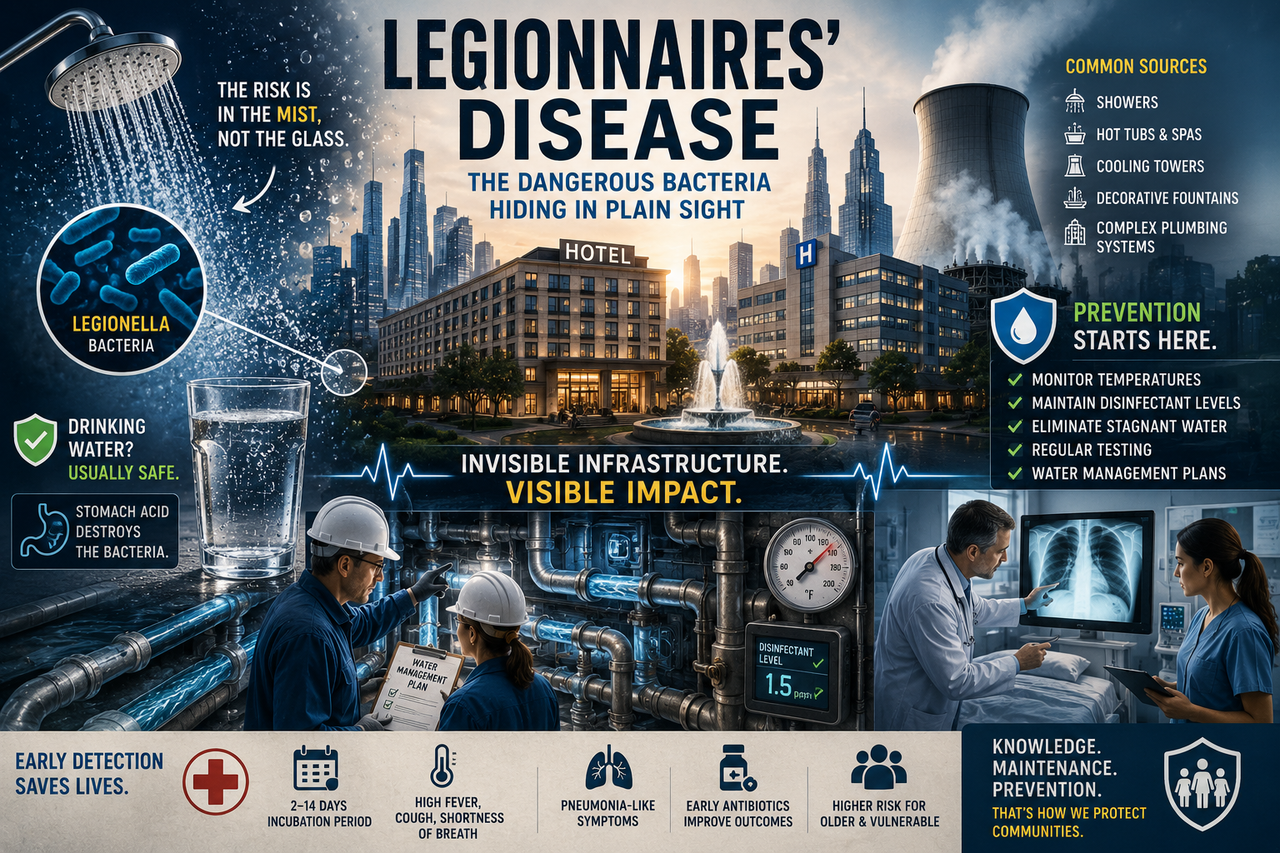 A modern hotel lobby transitions into a transparent cutaway of the building's hidden plumbing system. Tiny water droplets drift from a showerhead, while magnified Legionella bacteria appear only within the mist—not inside a glass of drinking water.