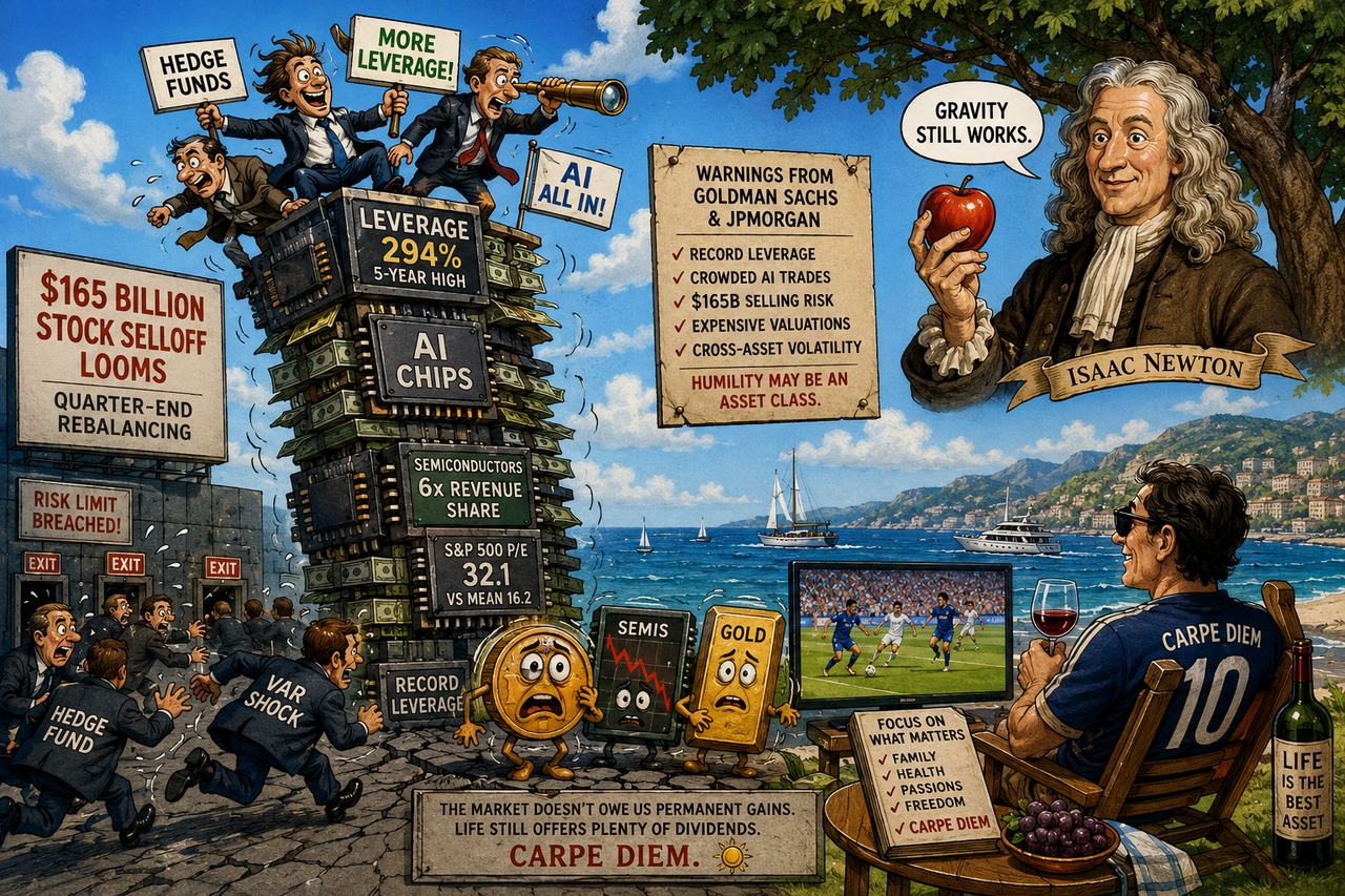 Illustration showing investors balancing atop a giant tower of AI chips and leverage while a smiling Isaac Newton holding an apple represents gravity. Hedge funds rush toward tiny exits as Bitcoin, gold bars, and semiconductor stocks wobble.