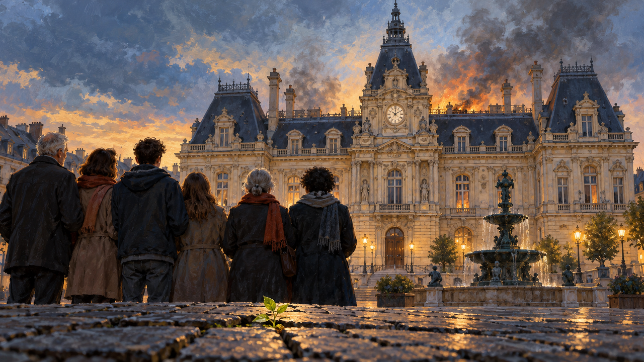 Editorial illustration of Limoges town hall beneath a smoky evening sky, with residents standing together in the foreground, symbolizing shared heritage, grief and civic responsibility.