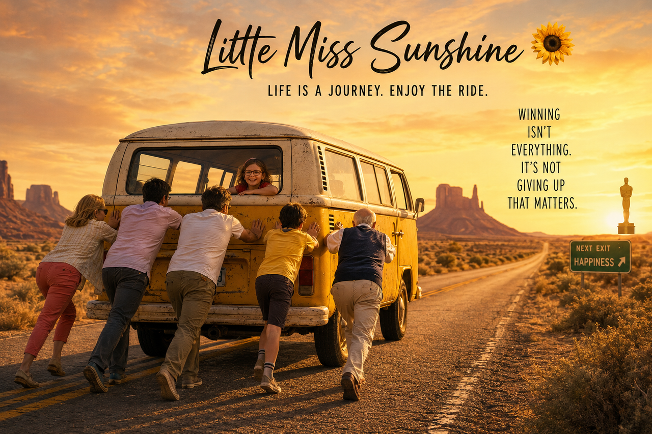People pushing the iconic yellow Volkswagen bus from Little Miss Sunshine along a desert highway, symbolizing perseverance, family, resilience, and the joy of embracing life's imperfect journey.