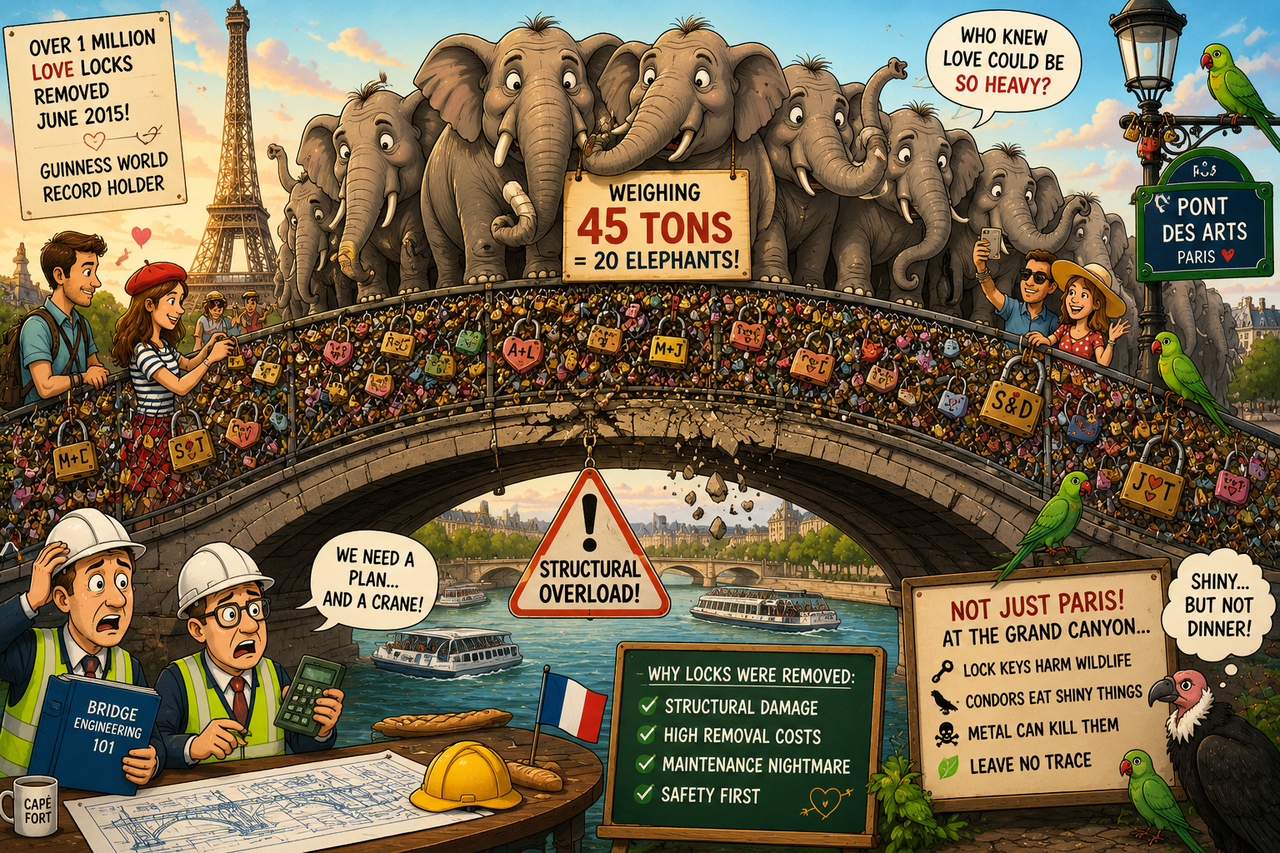 A whimsical illustration of the Pont des Arts bridge in Paris overflowing with love locks, causing the bridge to sag dramatically under the weight of giant cartoon elephants standing on top. Romantic couples take selfies. 