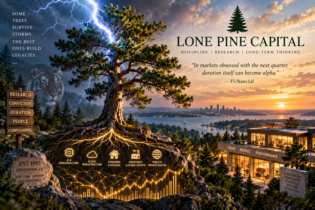 Lone pine survives a lightning strike as market charts and investment symbols evoke Steve Mandel’s Lone Pine Capital hedge fund strategy.