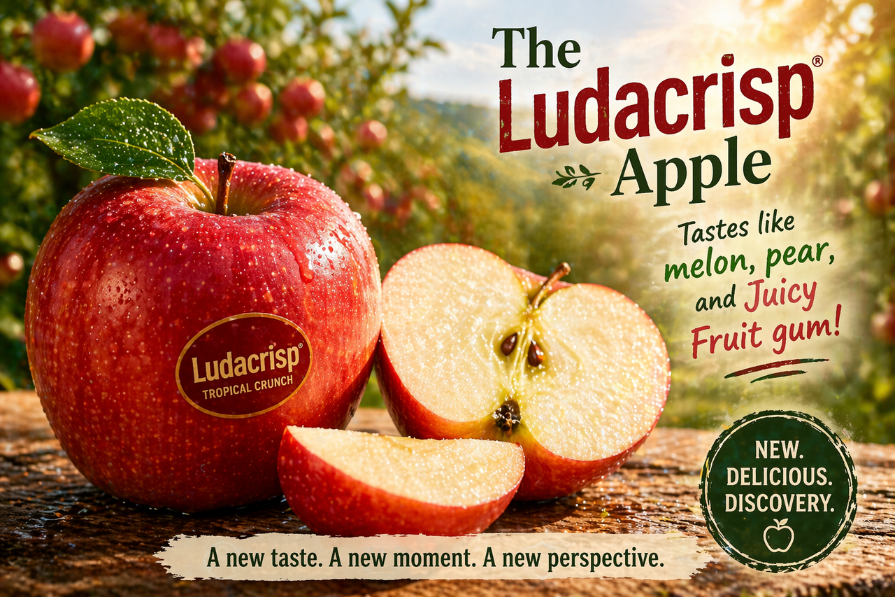 Bright red Ludacrisp apple with a glossy surface and water droplets, sliced open to reveal crisp texture, set against a soft orchard background with warm sunlight symbolizing discovery and freshness