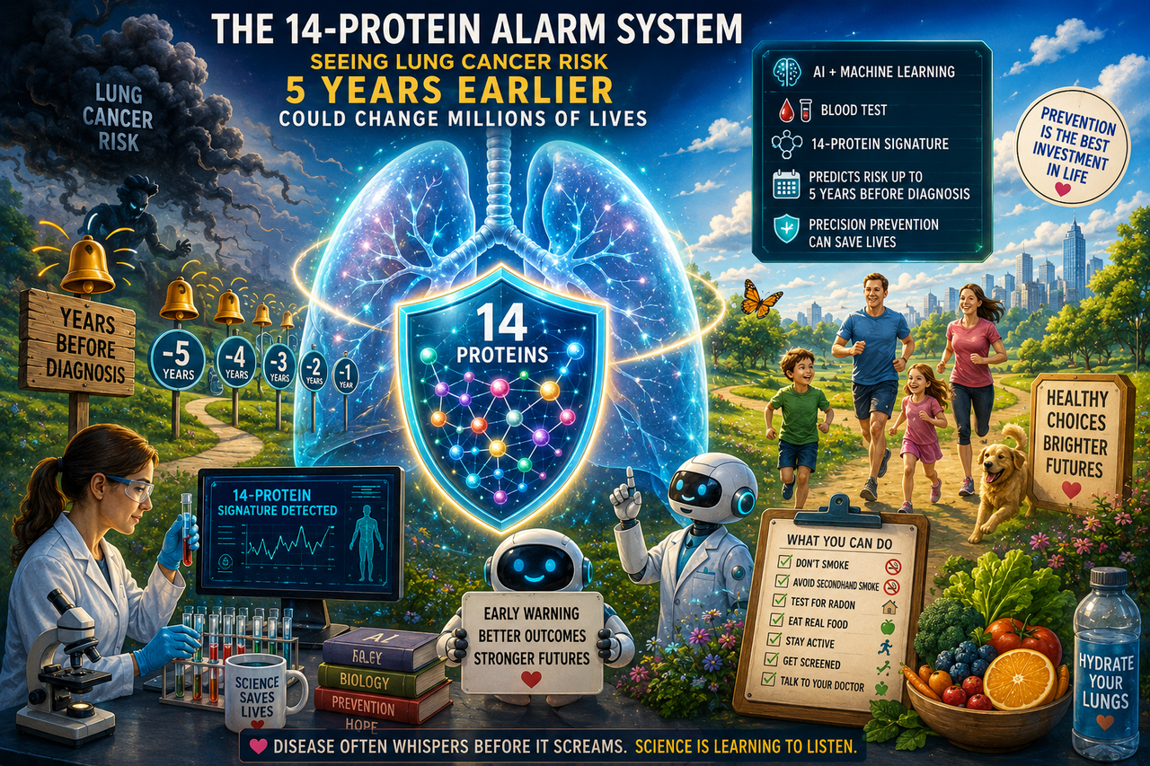 Whimsical yet inspiring illustration showing a giant glowing pair of healthy lungs protected by a futuristic shield composed of fourteen luminous proteins. Friendly AI robots and scientists examine floating molecular patterns.