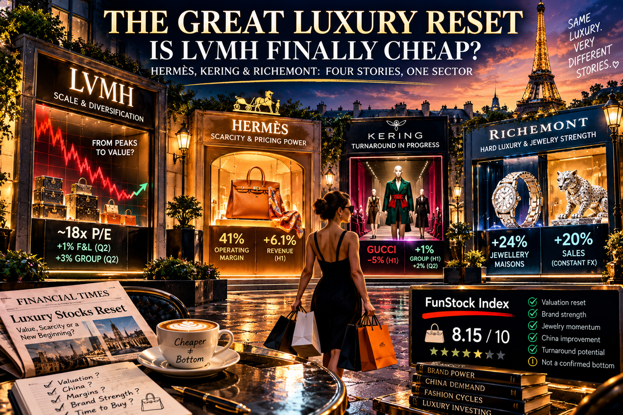 LVMH stock luxury selloff illustration compares its valuation reset with Hermès scarcity, Kering's turnaround and Richemont jewelry strength.
