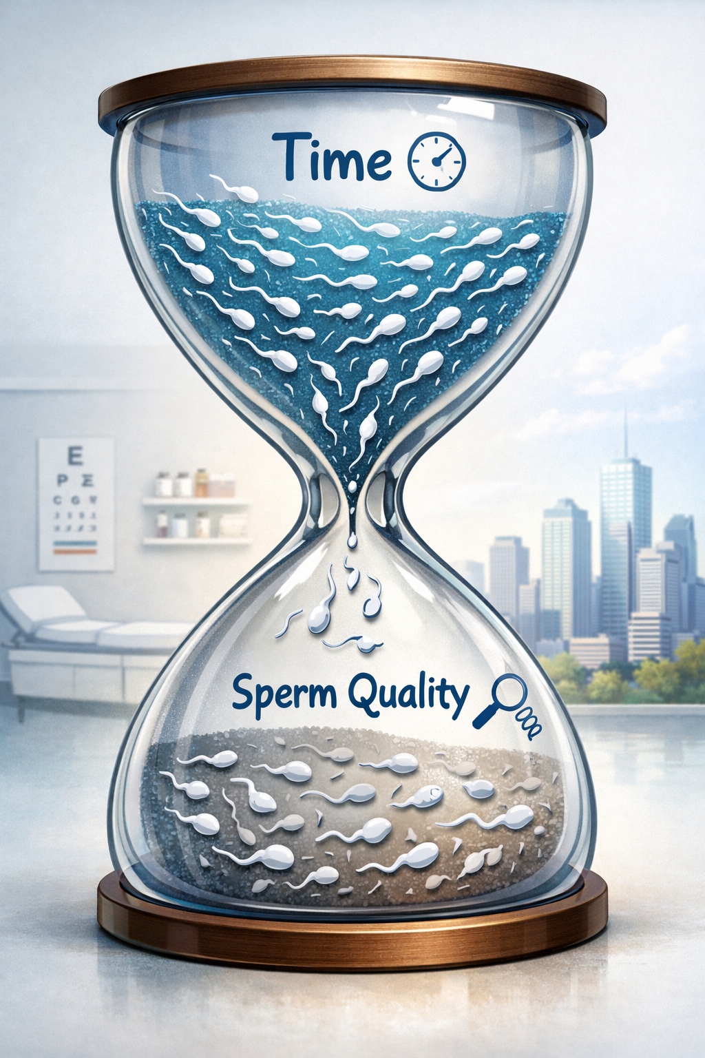 Illustration of an hourglass showing sperm quality declining over time, symbolizing how age and lifestyle affect male fertility and reproductive health.