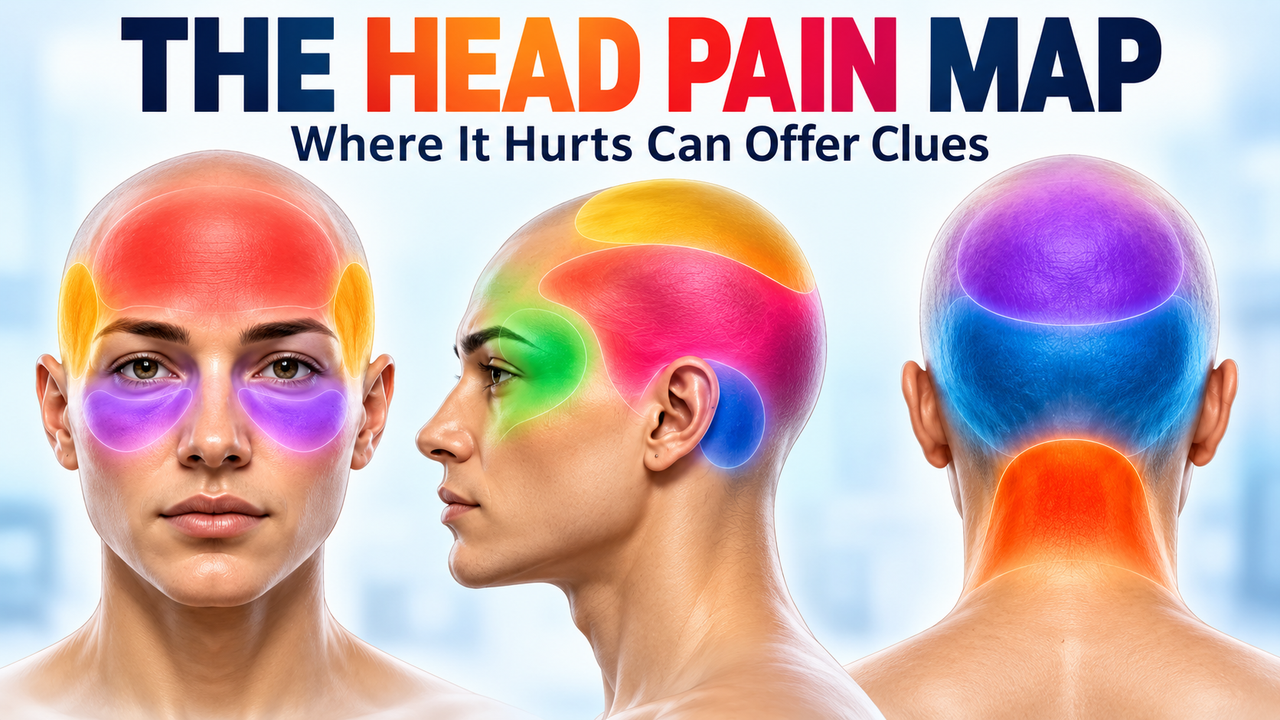 Head pain map highlighting forehead, temples, behind-eye, one-sided, crown, back-of-head and neck headache locations.