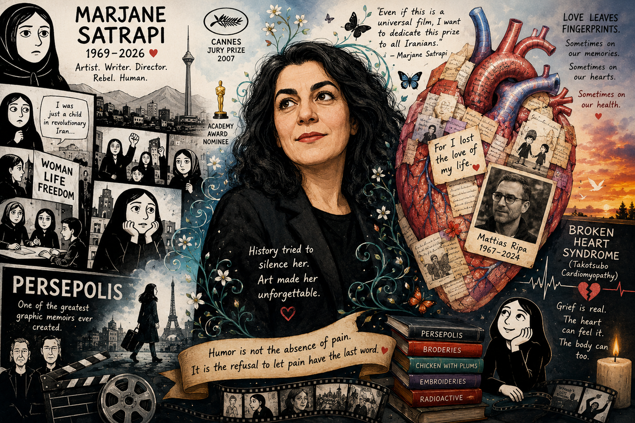 Artwork showing Marjane Satrapi standing between two worlds: on one side, scenes from Persepolis rendered in elegant black-and-white graphic-novel style; on the other, a glowing anatomical heart made of memories, photographs, and handwritten letters.