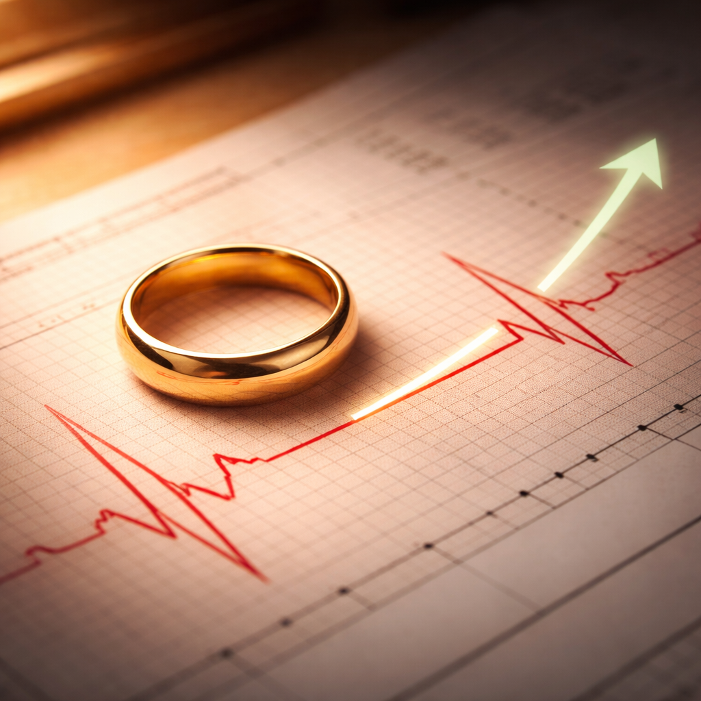 A warm, elegant ring rests on a medical chart with a bold heartbeat line rising into a subtle upward curve—blending love and longevity beautifully.