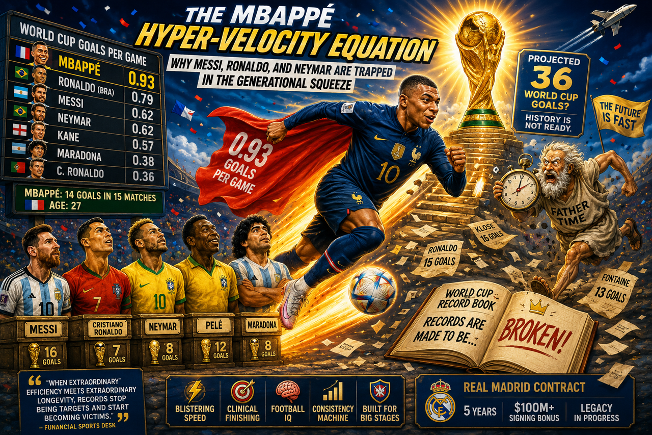 Epic and humorous cartoon illustration showing Kylian Mbappé sprinting like a rocket toward a glowing World Cup trophy while giant scoreboards display goals and goals-per-game averages.