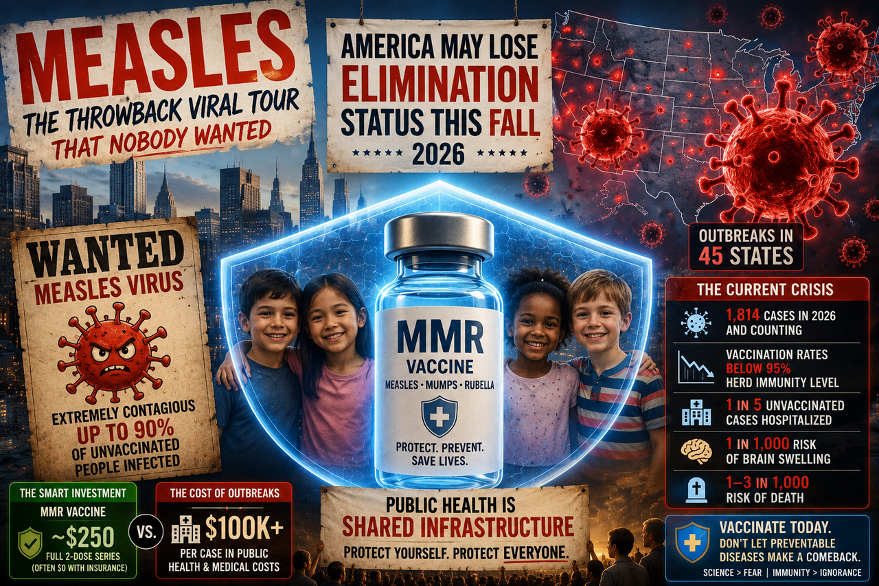 Illustration of a measles resurgence in the United States featuring a glowing MMR vaccine vial protecting children against spreading red viral particles across an American city skyline, symbolizing the fight to preserve measles elimination status in 2026.