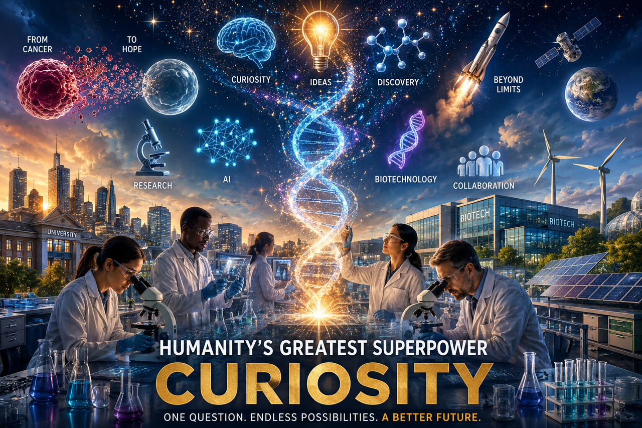 A futuristic biomedical research laboratory where scientists study a glowing DNA helix that transforms into stars, surrounded by symbols of innovation including molecules and rockets, illustrating how human curiosity drives discovery and progress.