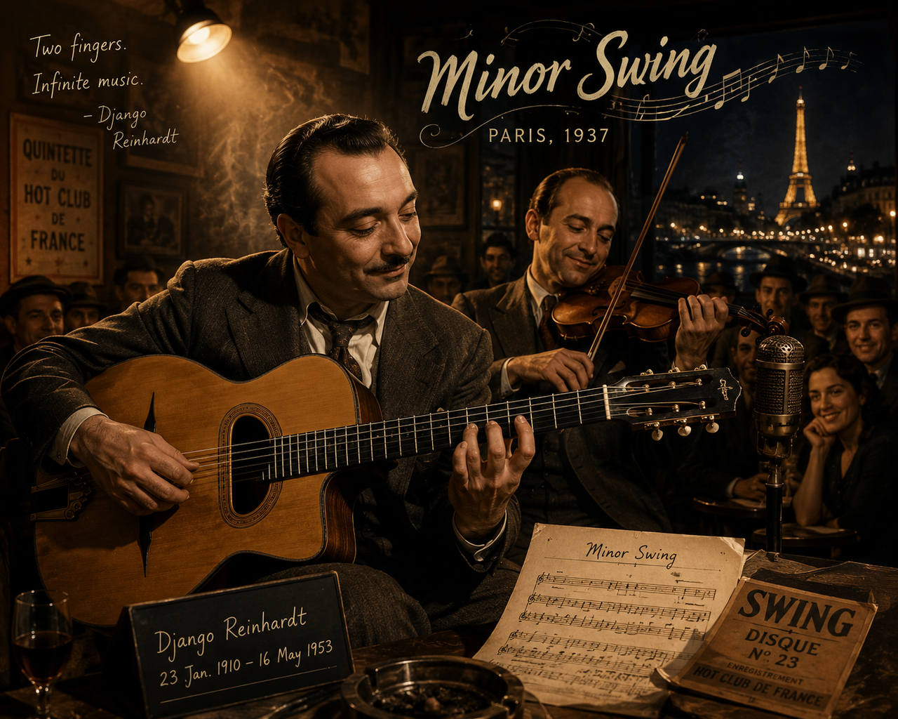 Django Reinhardt performing Minor Swing with Stéphane Grappelli in a 1930s Paris jazz club, highlighting Reinhardt's remarkable two-finger guitar technique, the intimate audience, and the timeless spirit of gypsy jazz and artistic resilience.