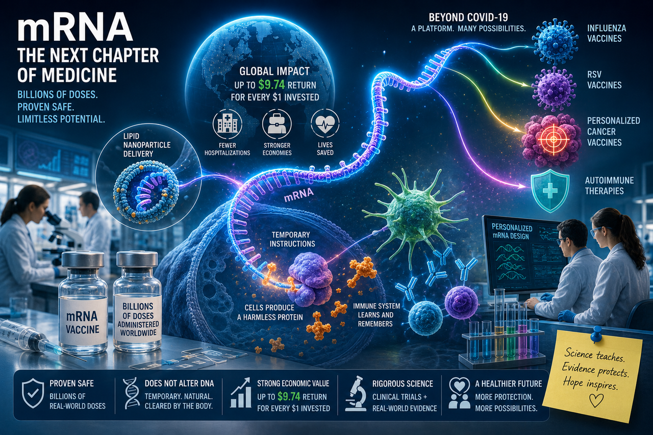 Modern editorial illustration of a glowing mRNA strand flowing through a futuristic medical laboratory, transforming into protective immune cells while branching toward cancer research, influenza, RSV, and precision medicine.