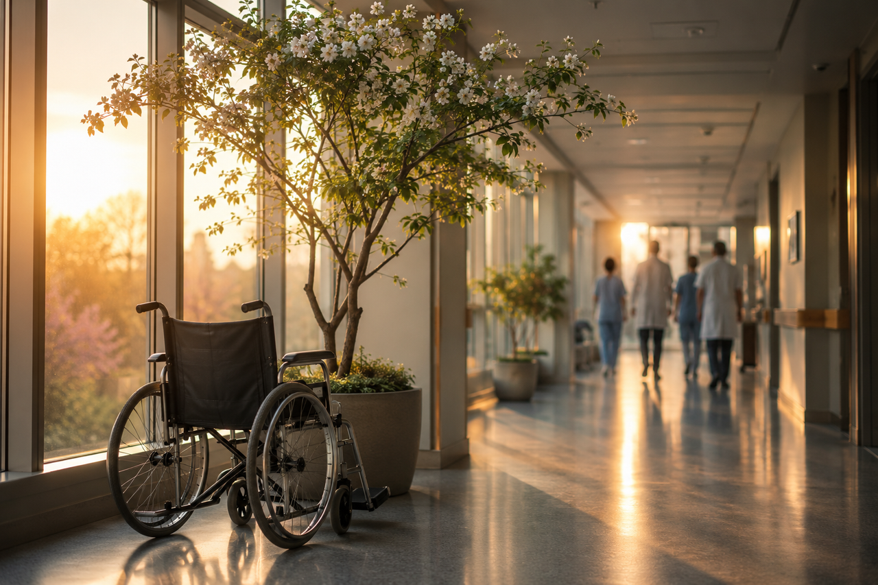 A peaceful hospital corridor at sunrise with warm golden light streaming through large windows. An empty wheelchair sits quietly beside a blooming indoor tree, symbolizing dignity, resilience, and reflection rather than illness. 