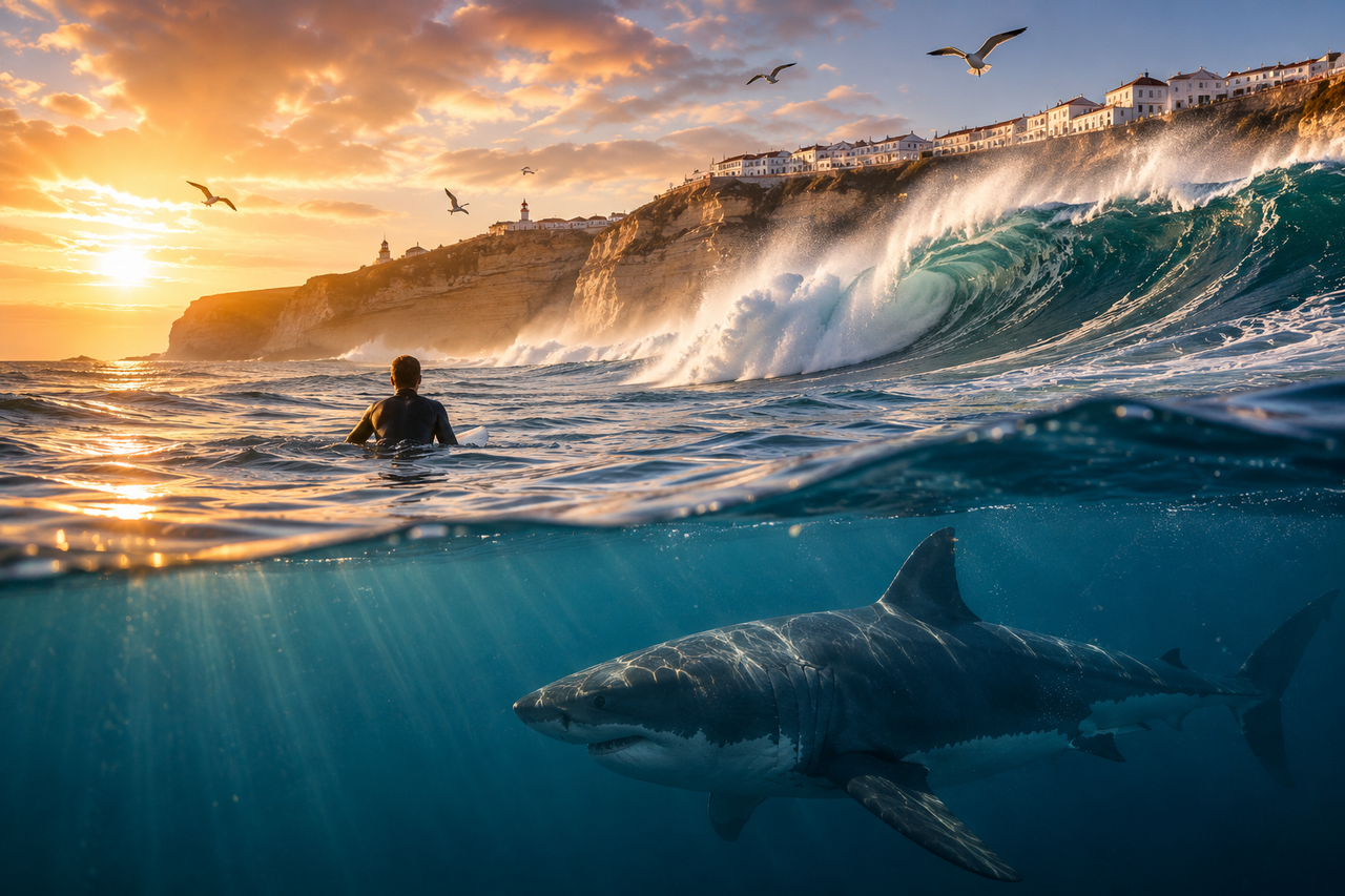 A dramatic sunrise off the coast of Nazaré, Portugal. Towering Atlantic waves roll toward the cliffs while a lone surfer waits beyond the break. Beneath the crystal-clear water, the unmistakable silhouette of a massive great white shark glides peacefully.