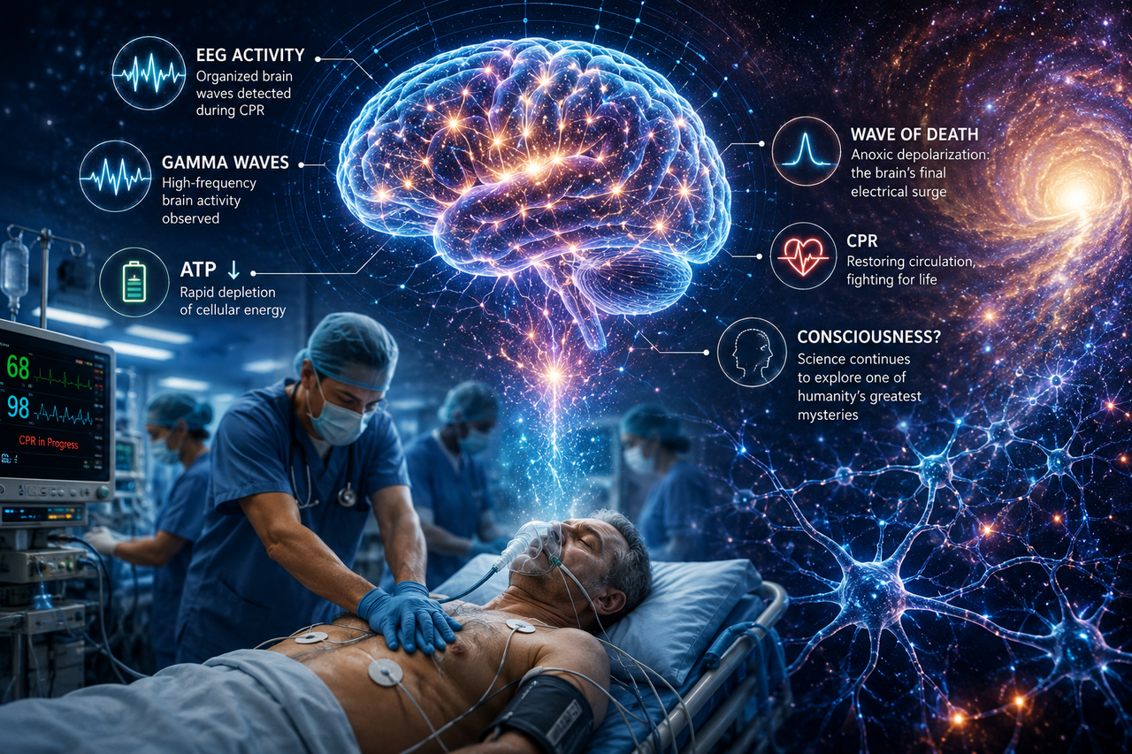 Editorial illustration showing a patient undergoing CPR beneath a glowing human brain with visible neural pathways, EEG waveforms, and the 