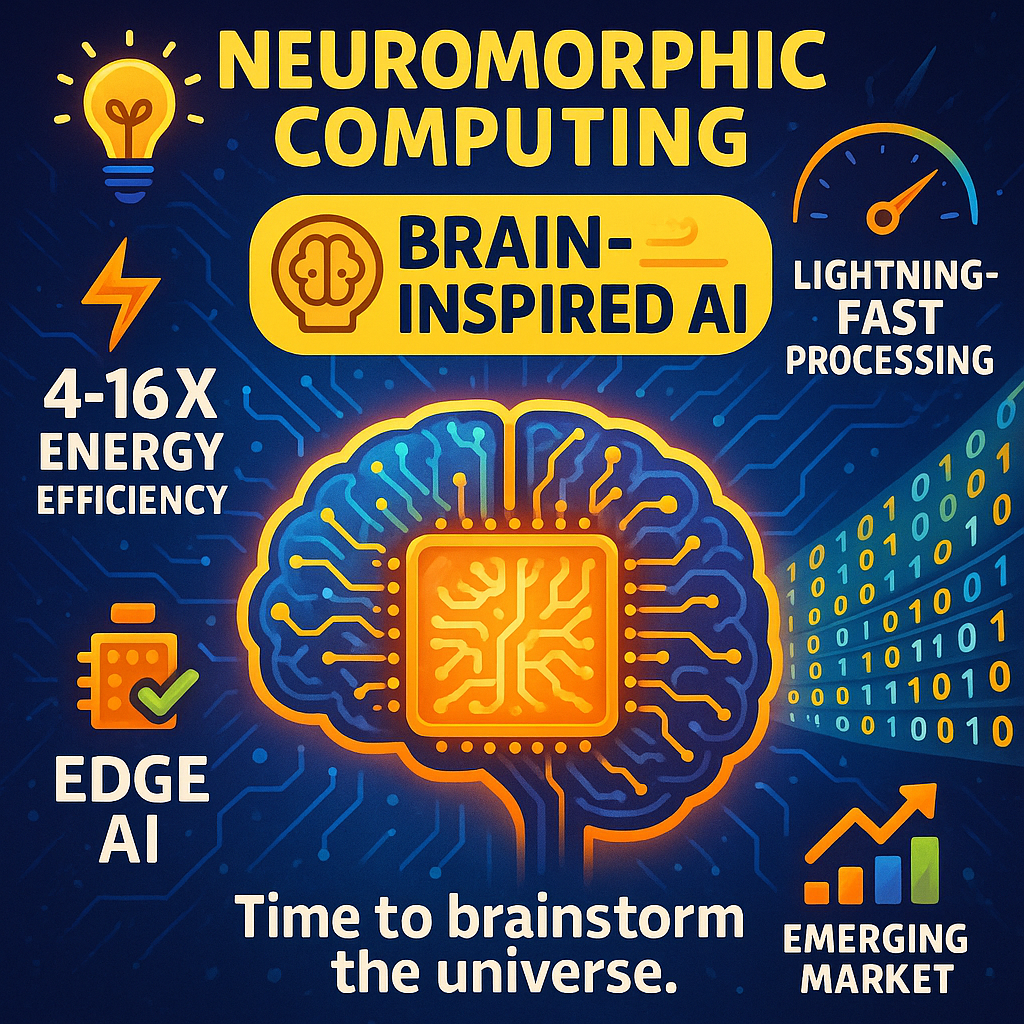 Vibrant digital illustration of a glowing brain-shaped neuromorphic chip with branching synaptic circuits, energy-efficient AI icons, and lightning-fast data streams spiraling through a futuristic landscape.