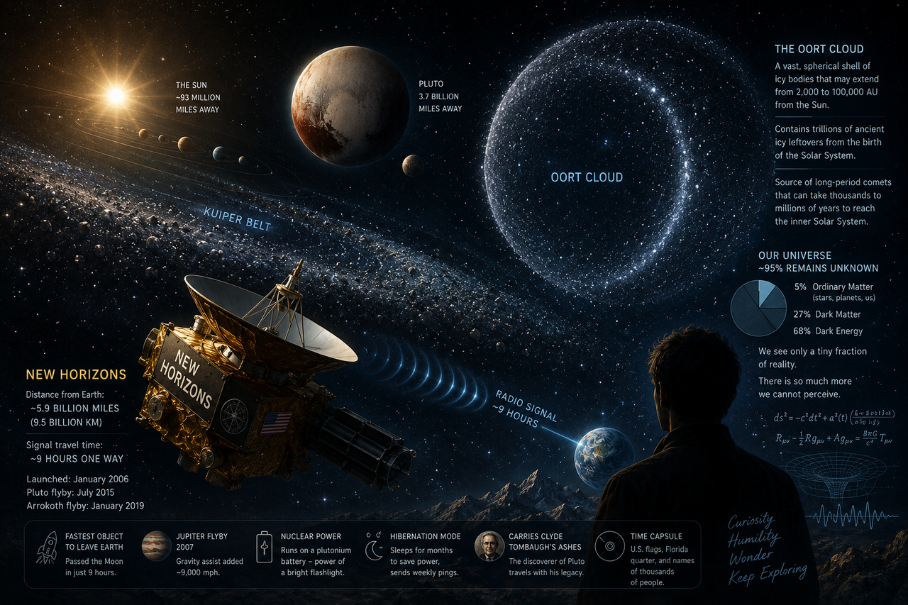 A breathtaking cinematic illustration of NASA's New Horizons spacecraft drifting silently through deep space beyond Pluto. In the foreground, the piano-sized probe glows softly against a backdrop of distant stars.
