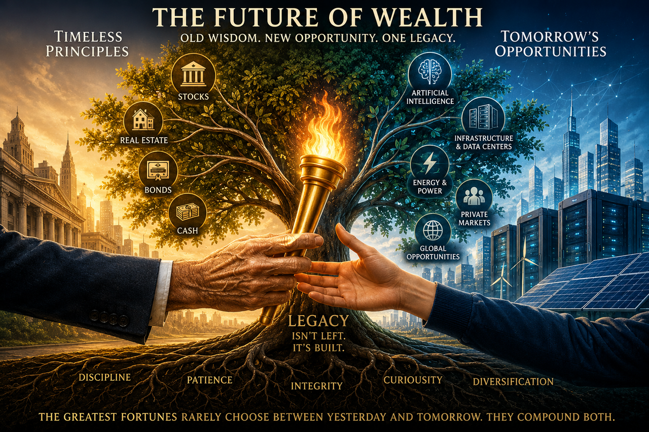 An older generation passes a torch to a younger one, where the torch transforms into a tree whose roots represent traditional investments (stocks), while its branches symbolize new investments, showing the evolution of wealth across generations.