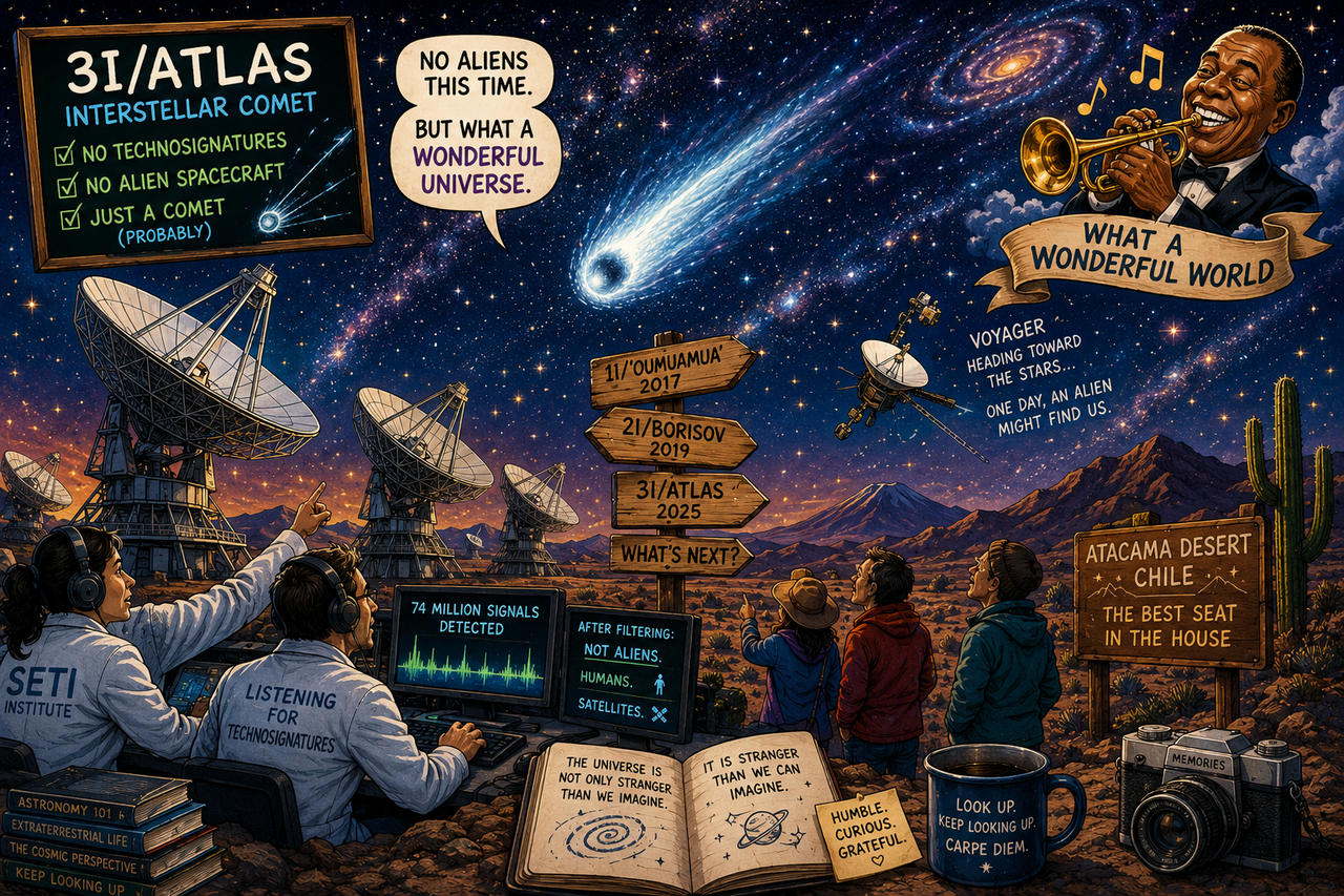Whimsical illustration showing an interstellar comet flying through a dazzling star-filled universe while scientists with giant radio telescopes listen for alien signals. In the foreground, travelers stand in Chile's Atacama Desert gazing upward in wonder
