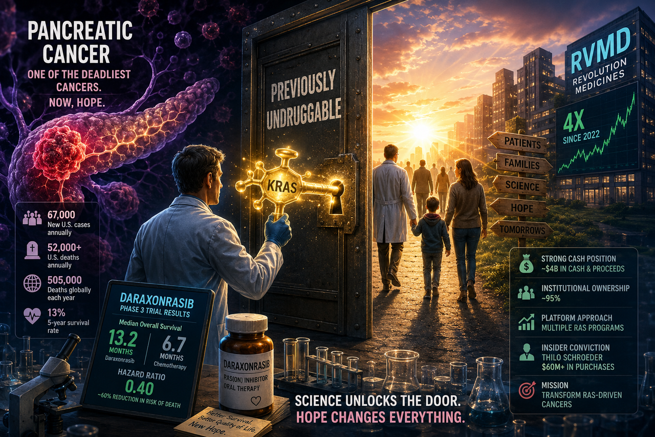 A hopeful illustration showing a DNA pathway being repaired while pancreatic cancer cells retreat. A scientist holds a molecular KRAS 