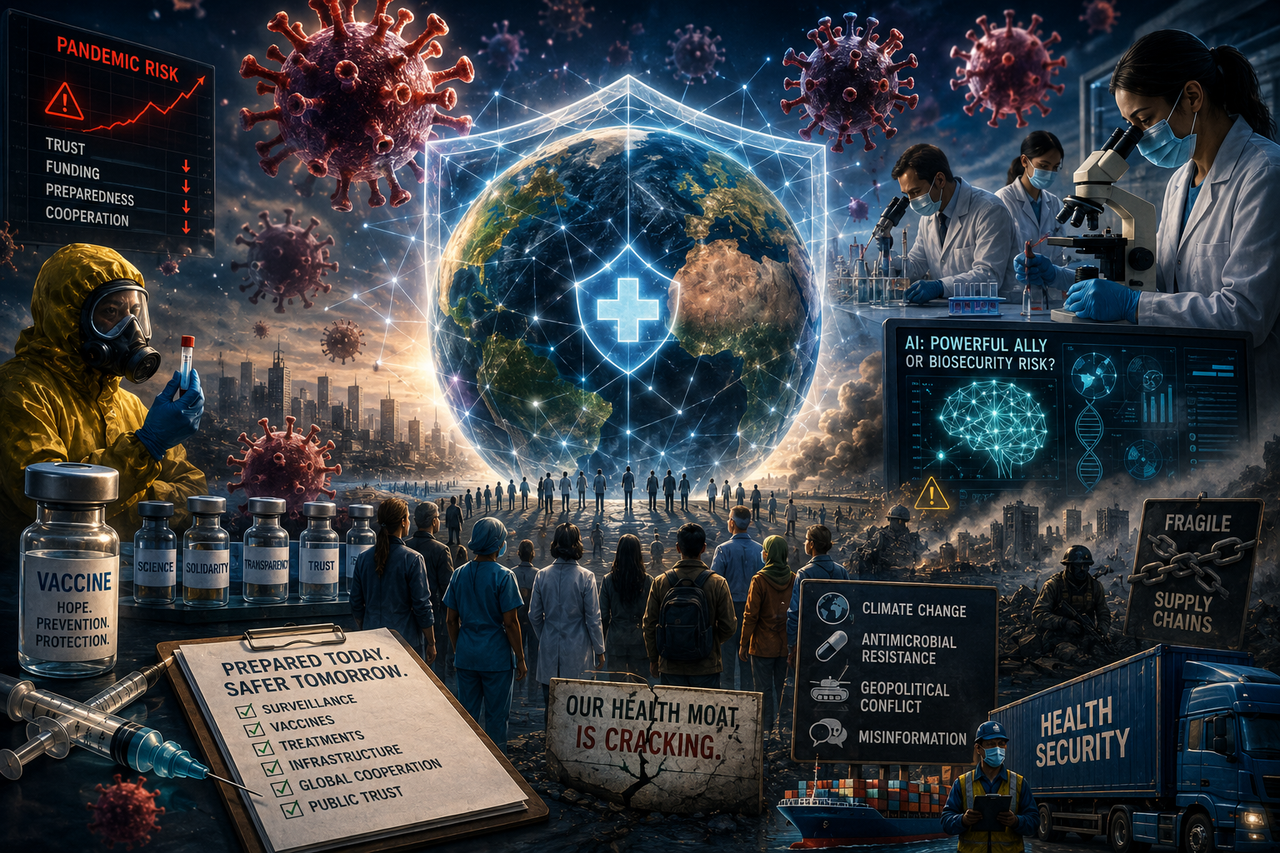 Cinematic illustration of Earth surrounded by translucent viral particles and glowing health-data networks, while doctors, scientists, vaccines, and fragile global supply chains attempt to hold together a cracking protective shield around civilization.
