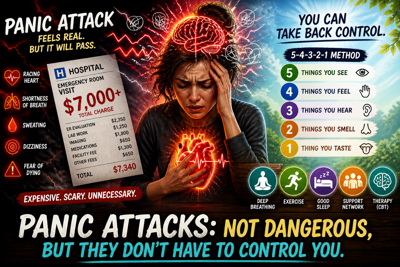 Illustration of a person experiencing a panic attack with a glowing heart and chaotic brain signals, alongside a large hospital bill and calming grounding techniques, symbolizing the emotional and financial impact of panic attacks.