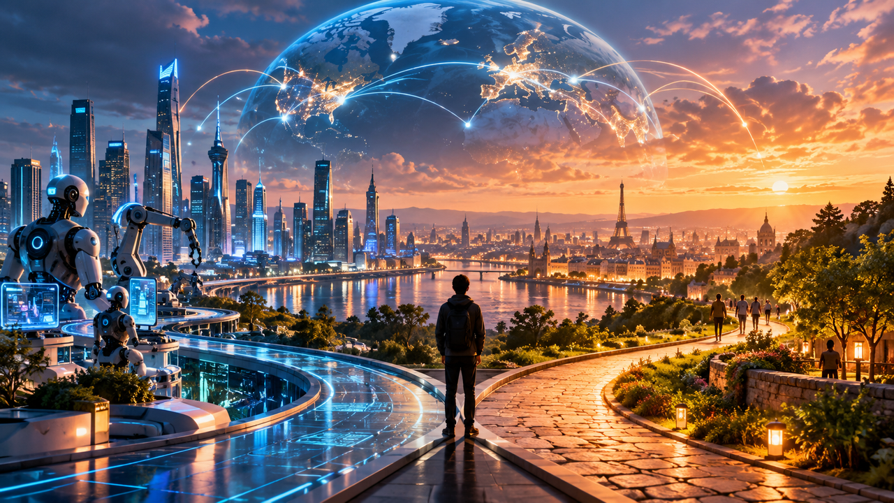 Human overlooking an AI-powered “paradise of machines,” symbolizing responsible AI, global cooperation and humanity’s role in shaping technology.