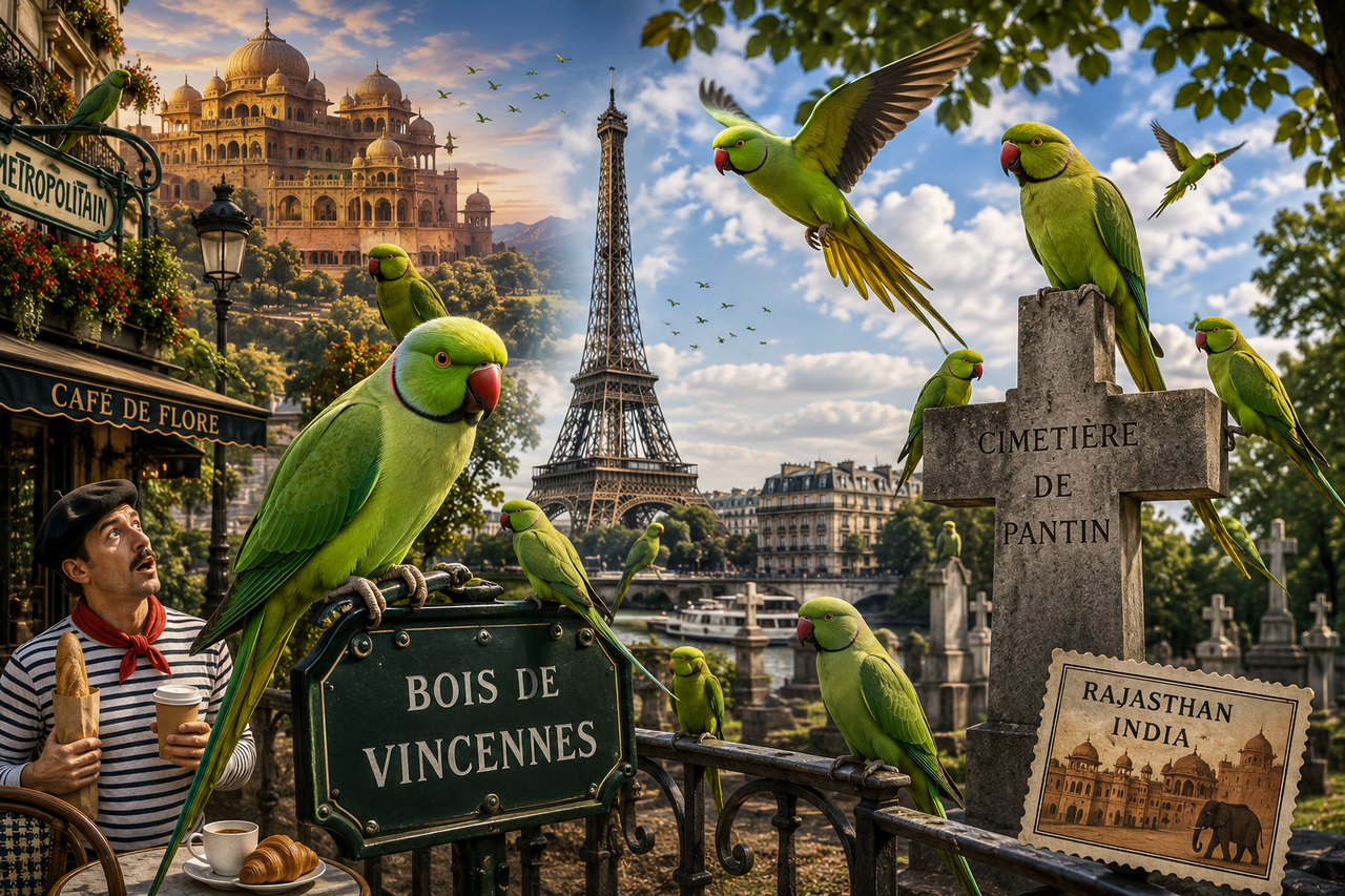 Whimsical cinematic illustration of bright green tropical parakeets flying through Paris parks and cemeteries near the Eiffel Tower, blending exotic jungle energy with classic Parisian scenery as surprised locals watch from below.