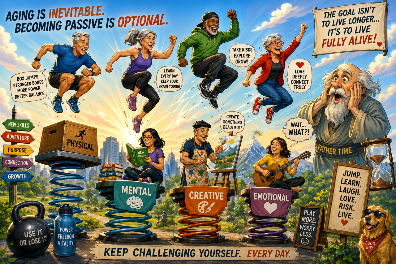 Illustration showing people over 40 performing box jumps and launching from springboards labeled Physical, Mental, Creative, and Emotional. Some paint, write, learn languages, and play music while Father Time watches in surprise.