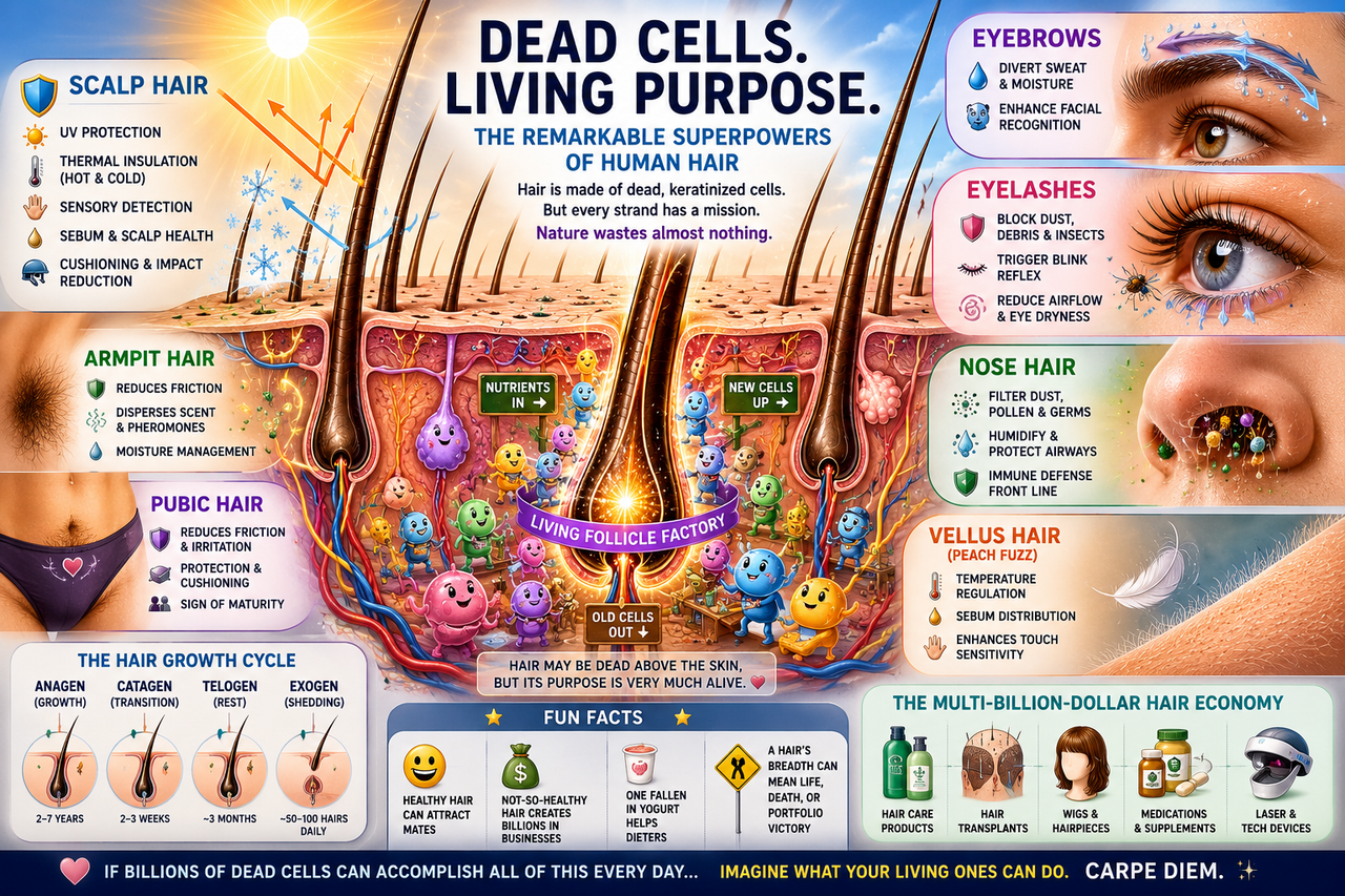 An illustration of the human head showing glowing living hair follicles beneath the skin producing beautiful strands of hair above the scalp. Each hair transforms into colorful pathways highlighting its different superpowers: UV protection, etc.