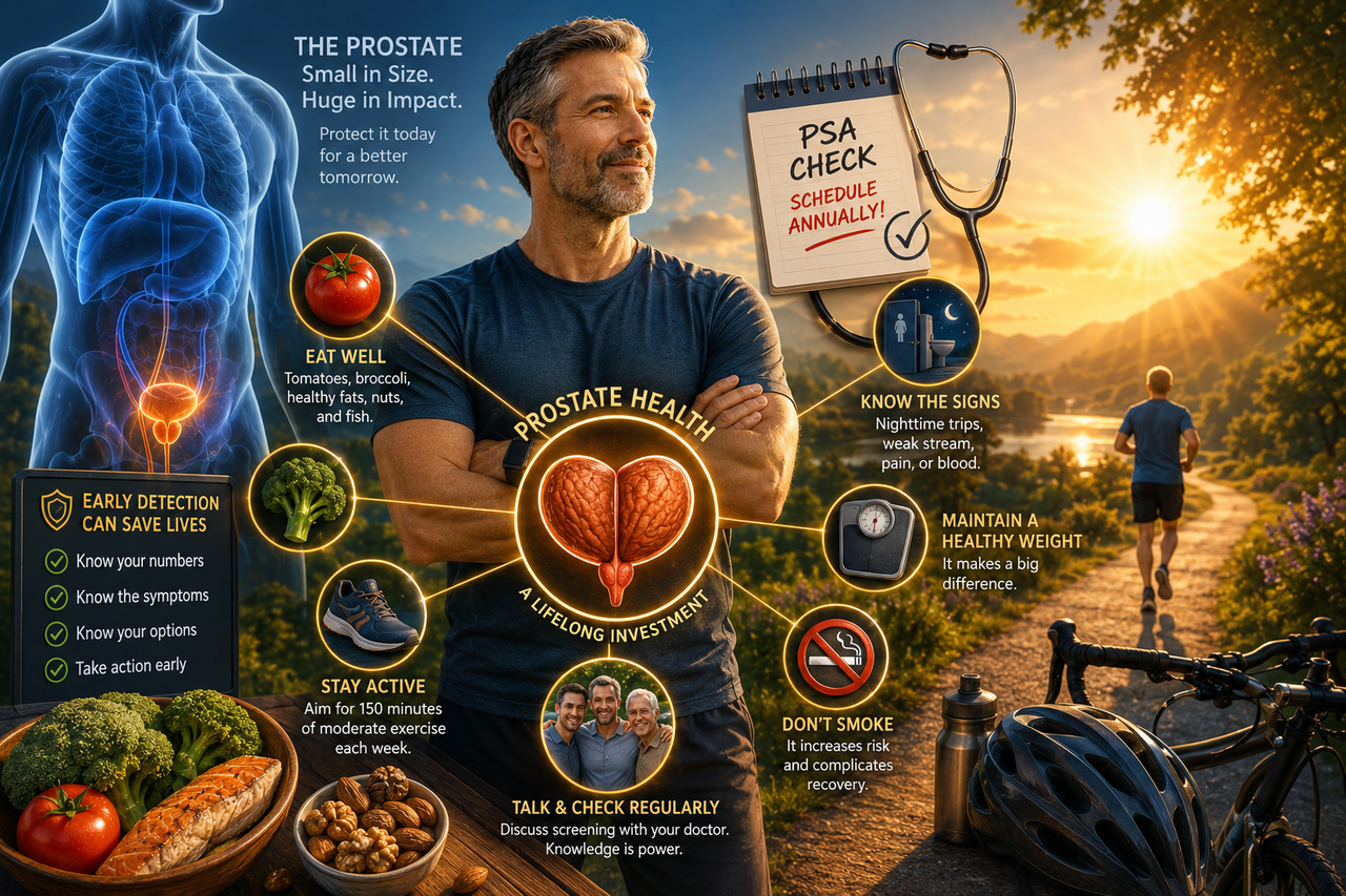 A confident middle-aged man standing beside a glowing transparent anatomical silhouette highlighting a healthy walnut-sized prostate. Around him are subtle symbols of prevention—a tomato, a calendar marked 