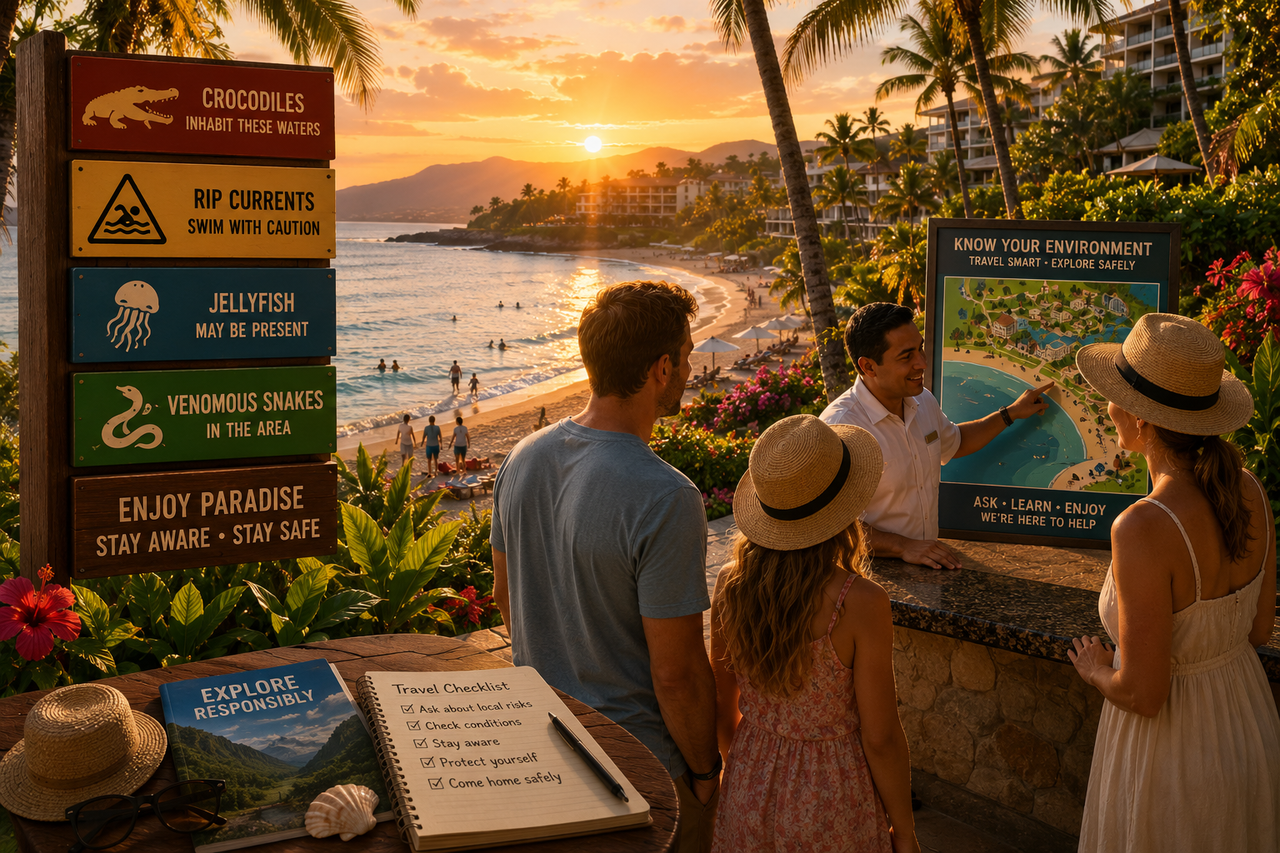 A vibrant tropical resort at sunset overlooking a pristine beach, where a family admires the ocean while discreet safety signs highlight local wildlife hazards such as crocodiles, rip currents, jellyfish, and venomous snakes.