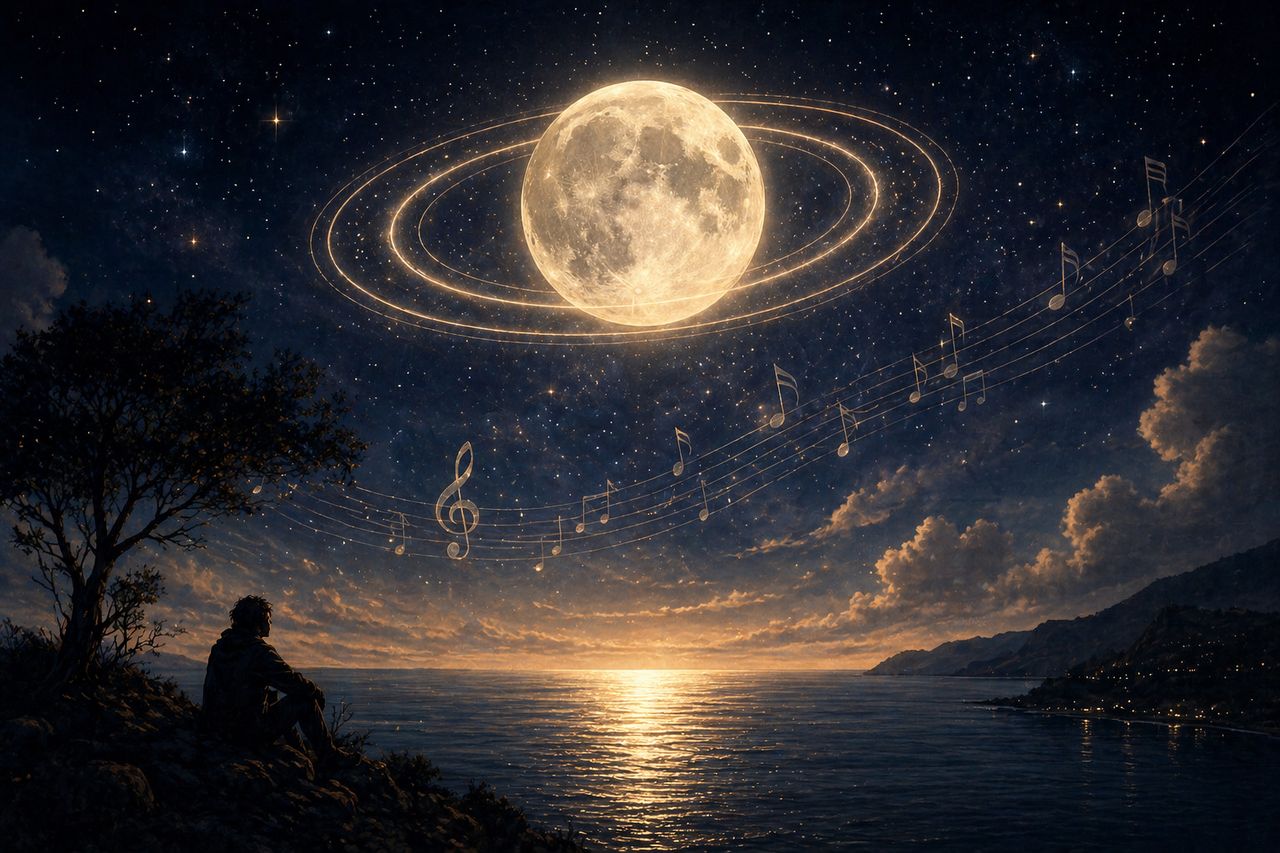 Moon with glowing rings in a night sky above a calm ocean, symbolizing the haunting and emotional beauty of the Bee Gees song “Rings Around the Moon.”