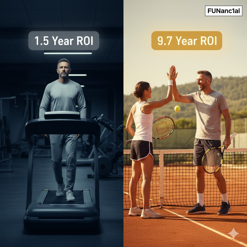 A high-contrast split-screen image. One side shows a solitary figure on a dimly lit treadmill with a low 