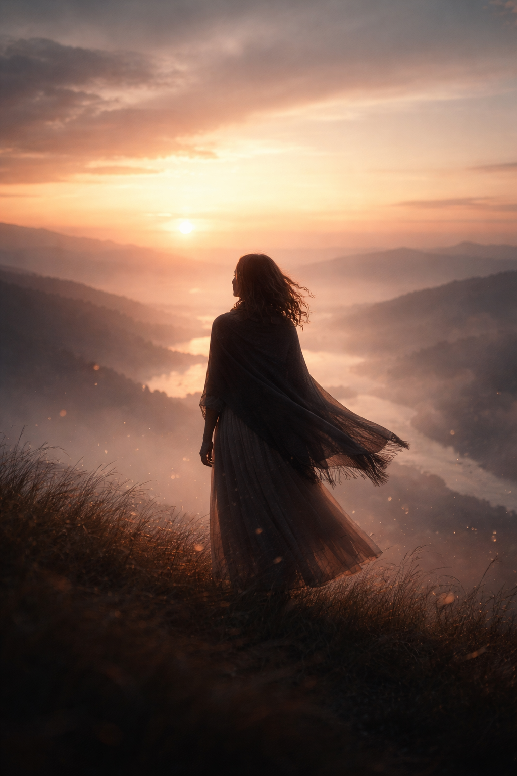 Ethereal scene of a solitary figure overlooking a vast landscape at sunset, evoking the haunting emotional depth of “Sacrifice” by Lisa Gerrard