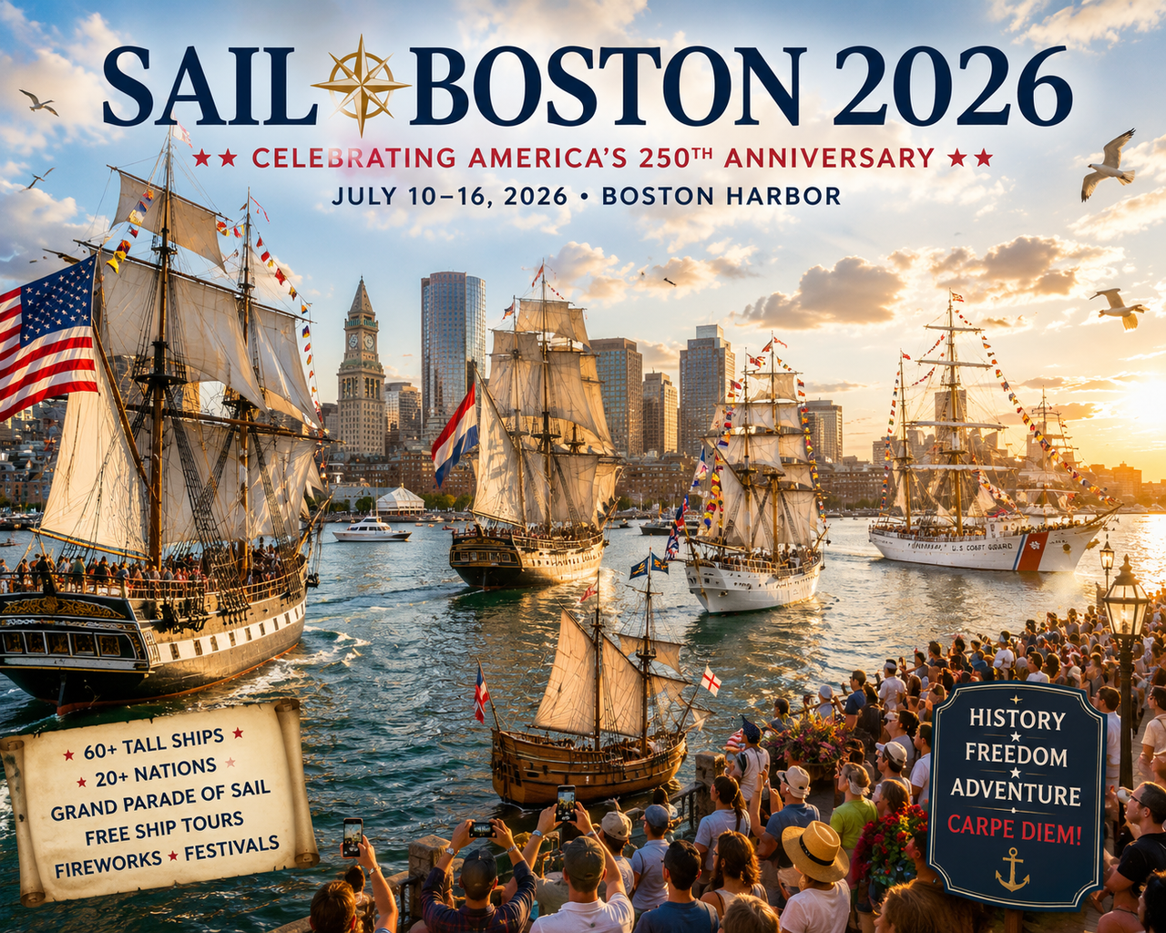 Majestic tall ships sailing into Boston Harbor at sunrise with the Boston skyline, the USS Constitution, cheering crowds, and warm golden light, symbolizing travel, freedom, and rediscovering beloved destinations.
