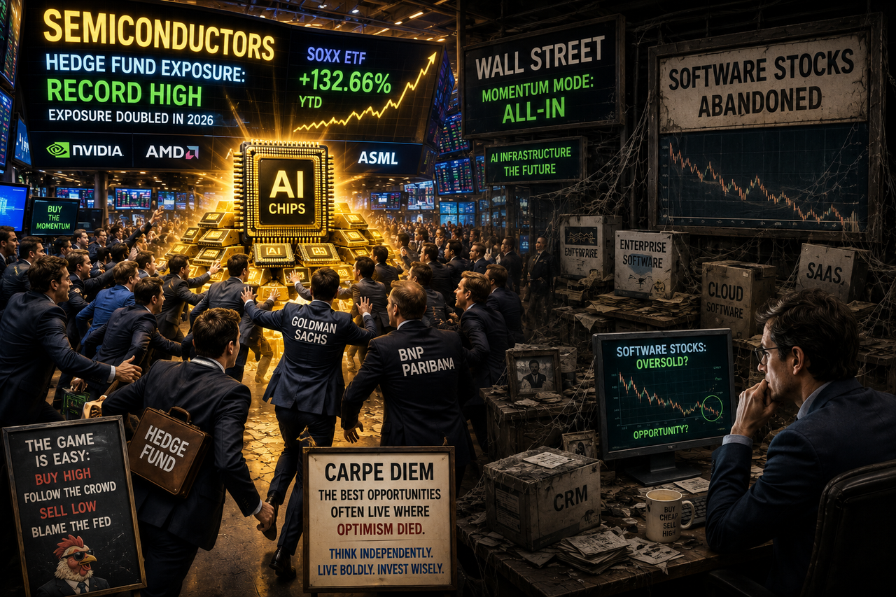 Cinematic illustration of hedge fund managers stampeding toward glowing semiconductor AI chips on a Wall Street trading floor while neglected software stocks sit abandoned in the shadows, symbolizing momentum investing and crowded trades.