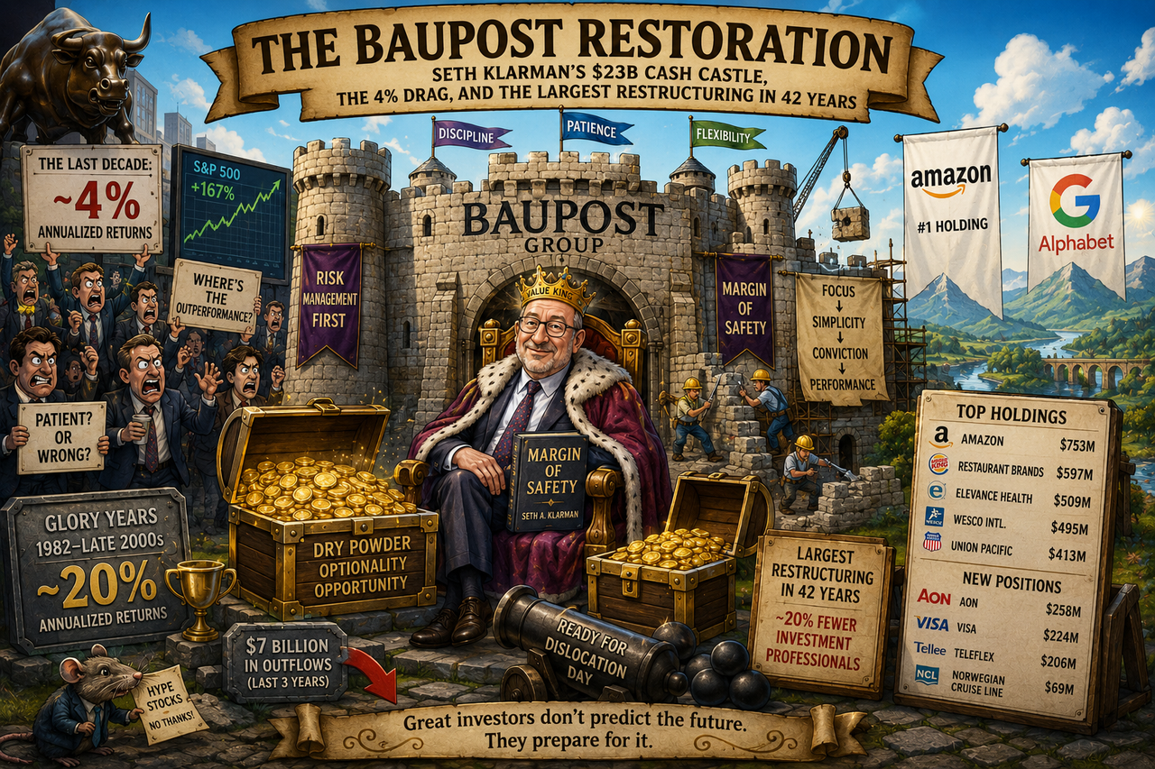 Whimsical cartoon illustration showing Seth Klarman as the king of a giant medieval cash castle labeled 