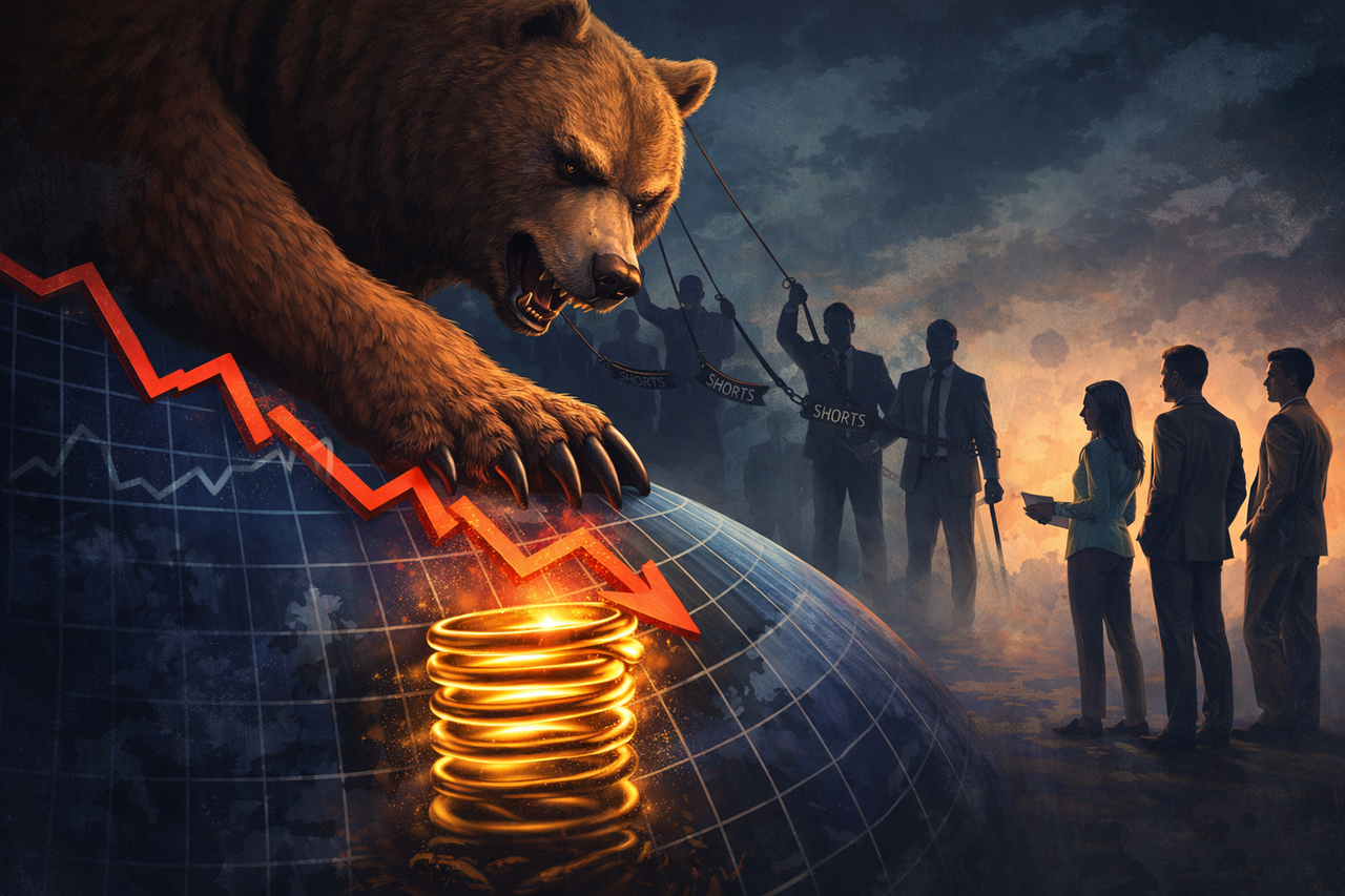 Illustration of hedge funds heavily shorting global stock markets, with a large bear pushing down a global chart while a glowing coiled spring underneath symbolizes potential for a short squeeze and market reversal.