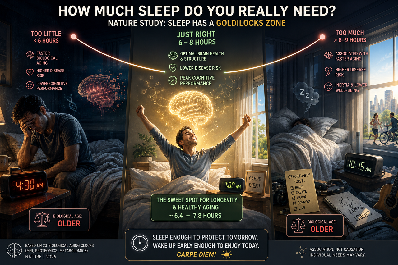 Sleep duration Goldilocks curve showing 6–8 hours linked to healthier biological aging, with short and long sleep at either extreme.